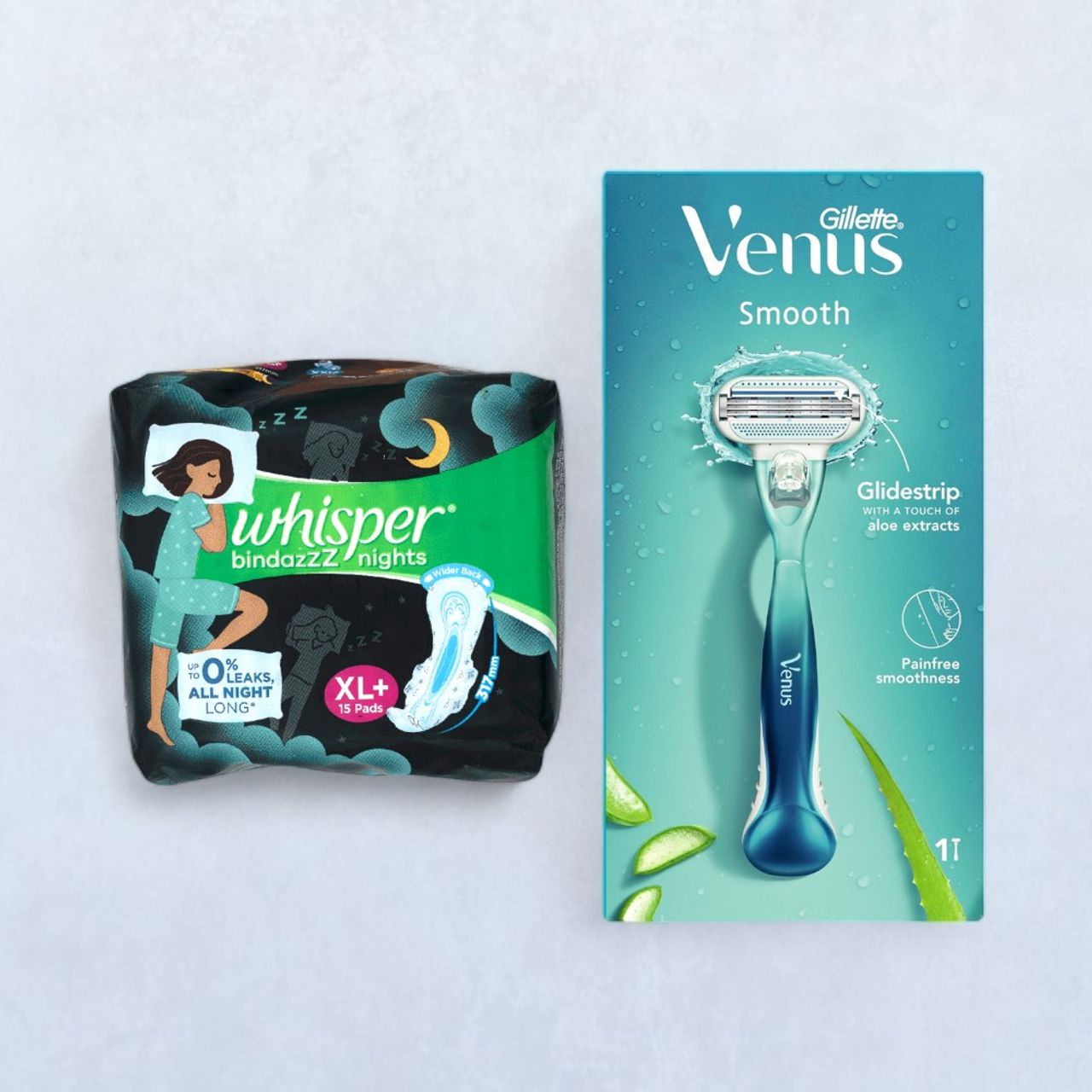 Whisper Bindazzz Night Sanitary Pads - XL+ (15pc) & Venus Razor(1pc) Combo