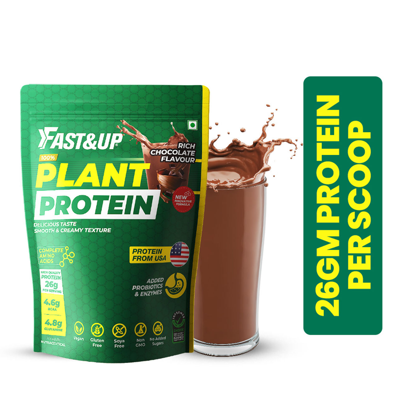 Fast&Up Plant Protein 100% Premium Quality 26 g Vegan Protein Rich Chocolate Flavour 25 Servers