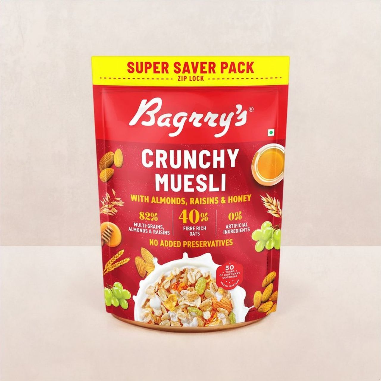 Bagrry's Crunchy Muesli with Almonds, Raisins & Honey(40% Oat Clusters)