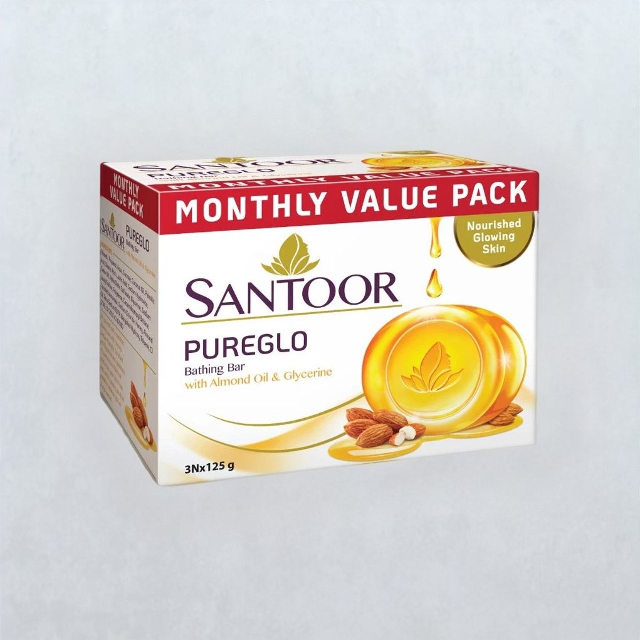 Santoor PureGlo Glycerine Bathing Bar Soap With Almond Oil for Nourished and Glowing Skin