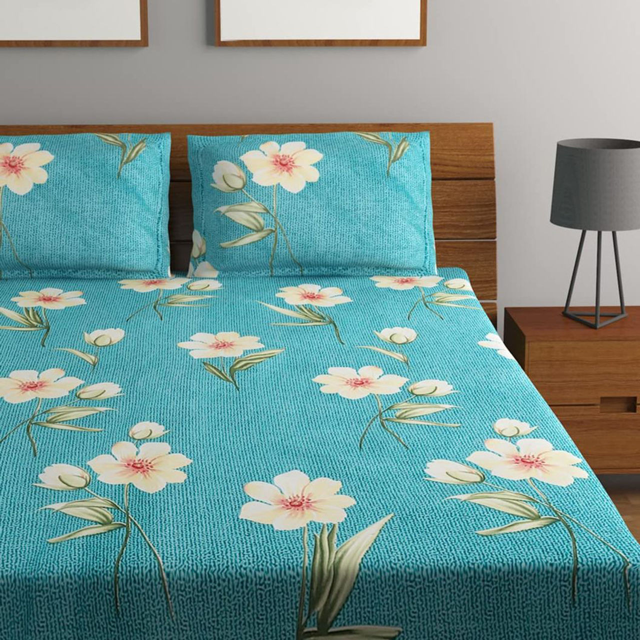 Bombay Dyeing Vista 144 Tc Queen Size Bedsheet With 2 Pillow Covers - Aqua Blue