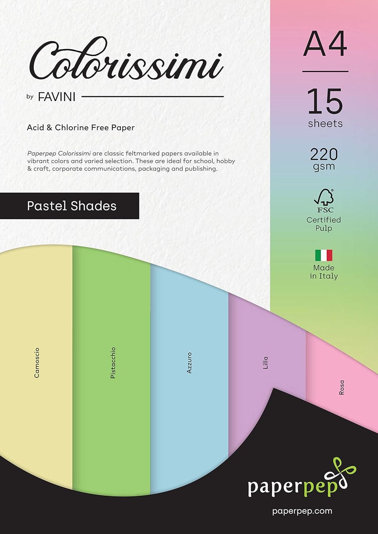 Paperpep Colorissimi 220Gsm Card Stock A4 Pastel Shades Assorted 15 Sheets