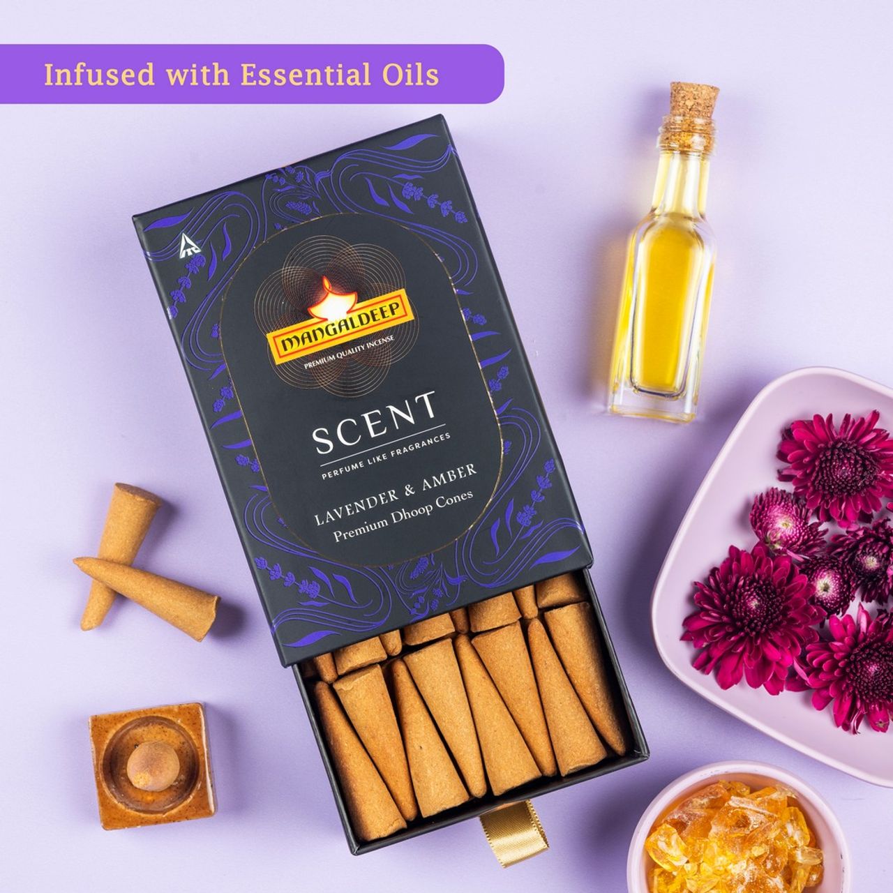 Mangaldeep Scent Premium Bambooless Dhoop Cones - With Lavender And Amber Fragrances