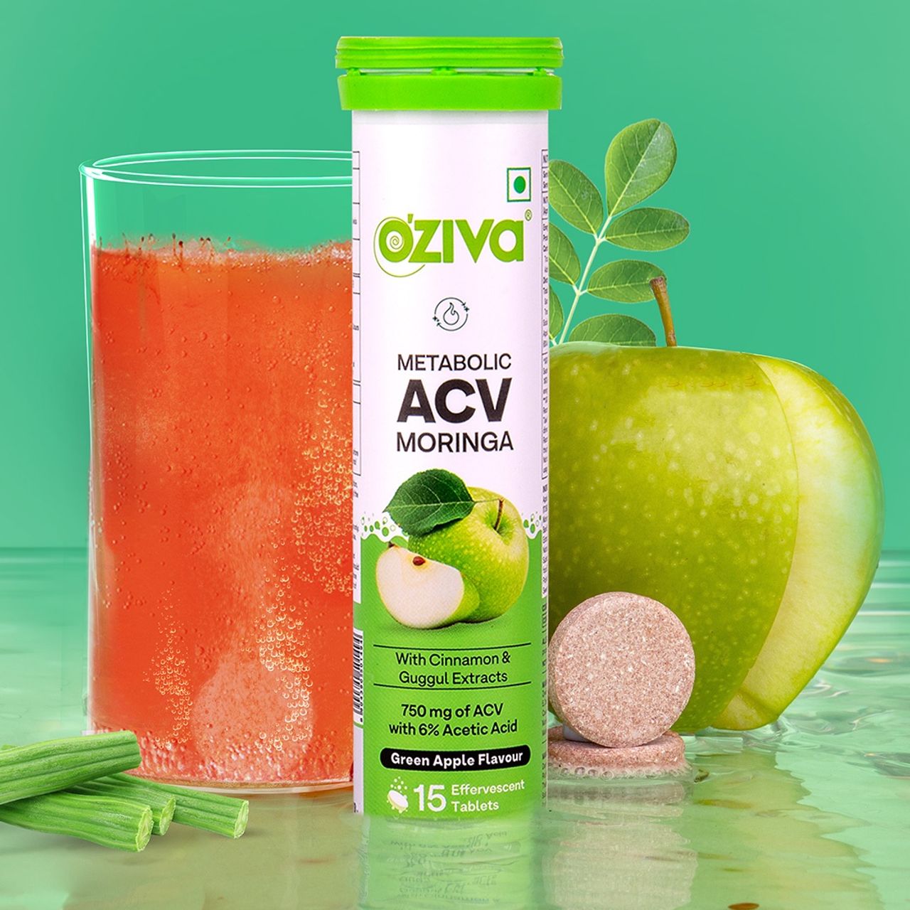 OZIVA Apple Cider Vinegar Moringa Effervescent Tablets | Green Apple