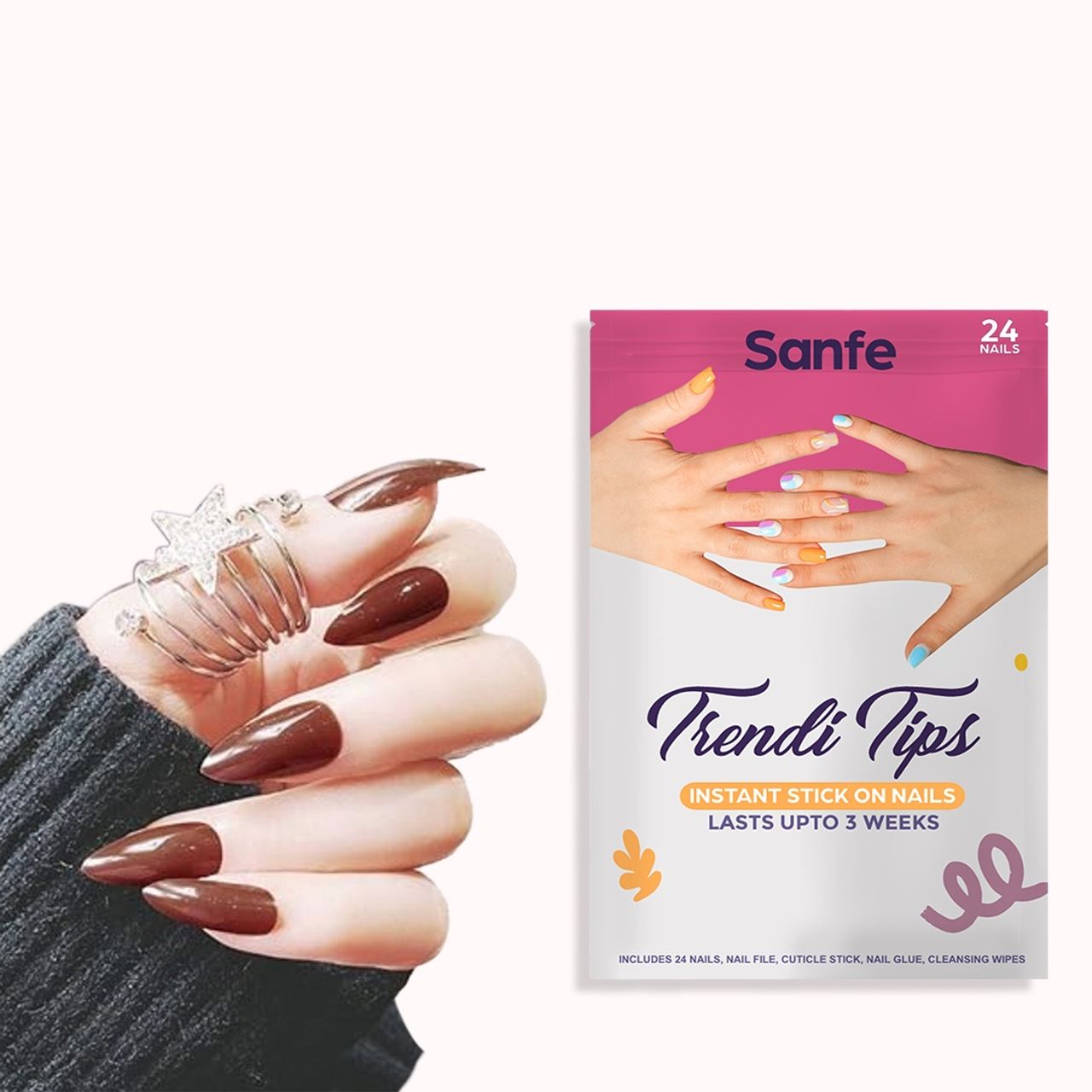 Sanfe Instant Stick On Nails - Glitter Almond 24 Reusable Artificial Fake Nail, Salon Look