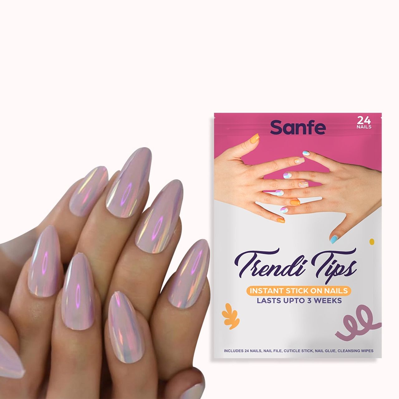 Sanfe Instant Stick On Nails - Solid Almond 24 Reusable Artificial Fake Nail, Salon Look