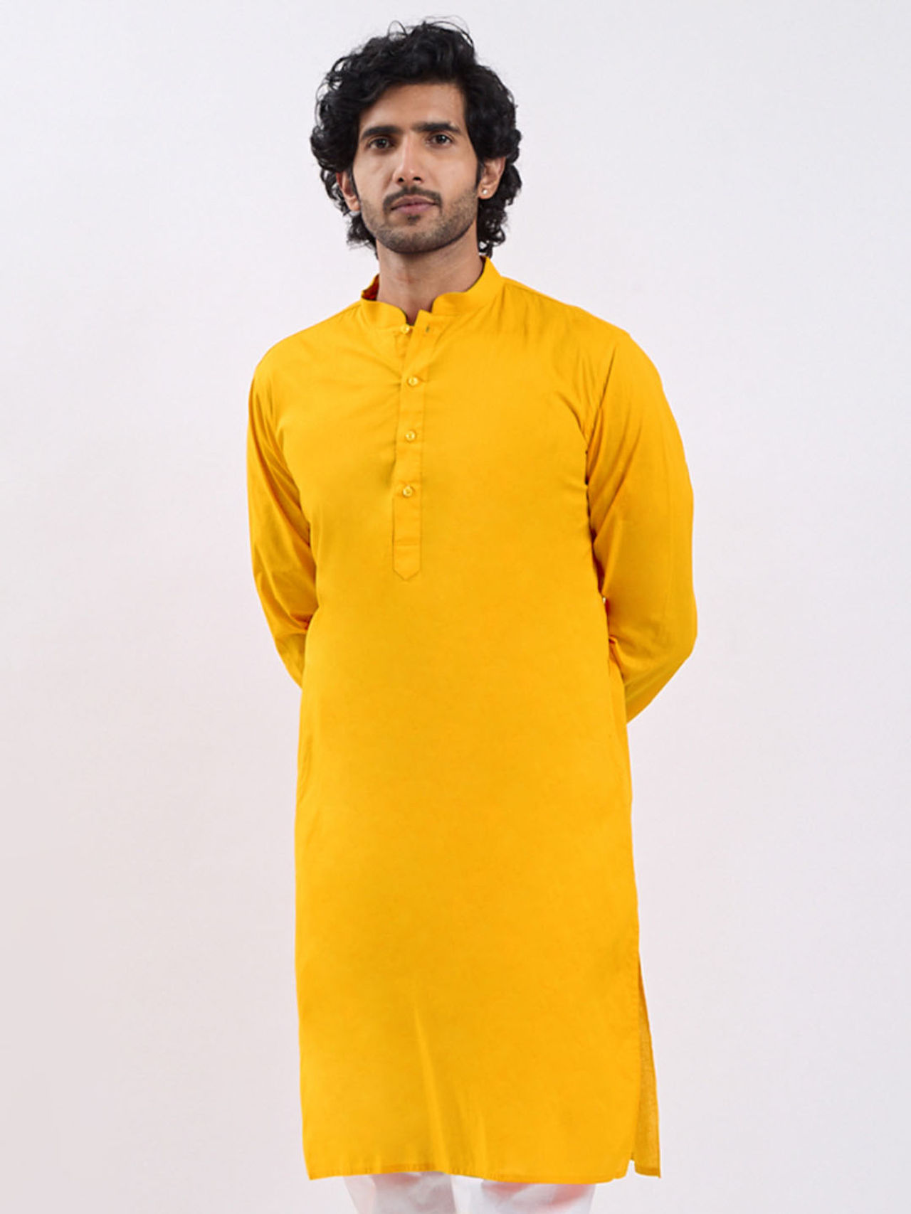 Vastramay Men's Cotton Blend Kurta | Yellow - L