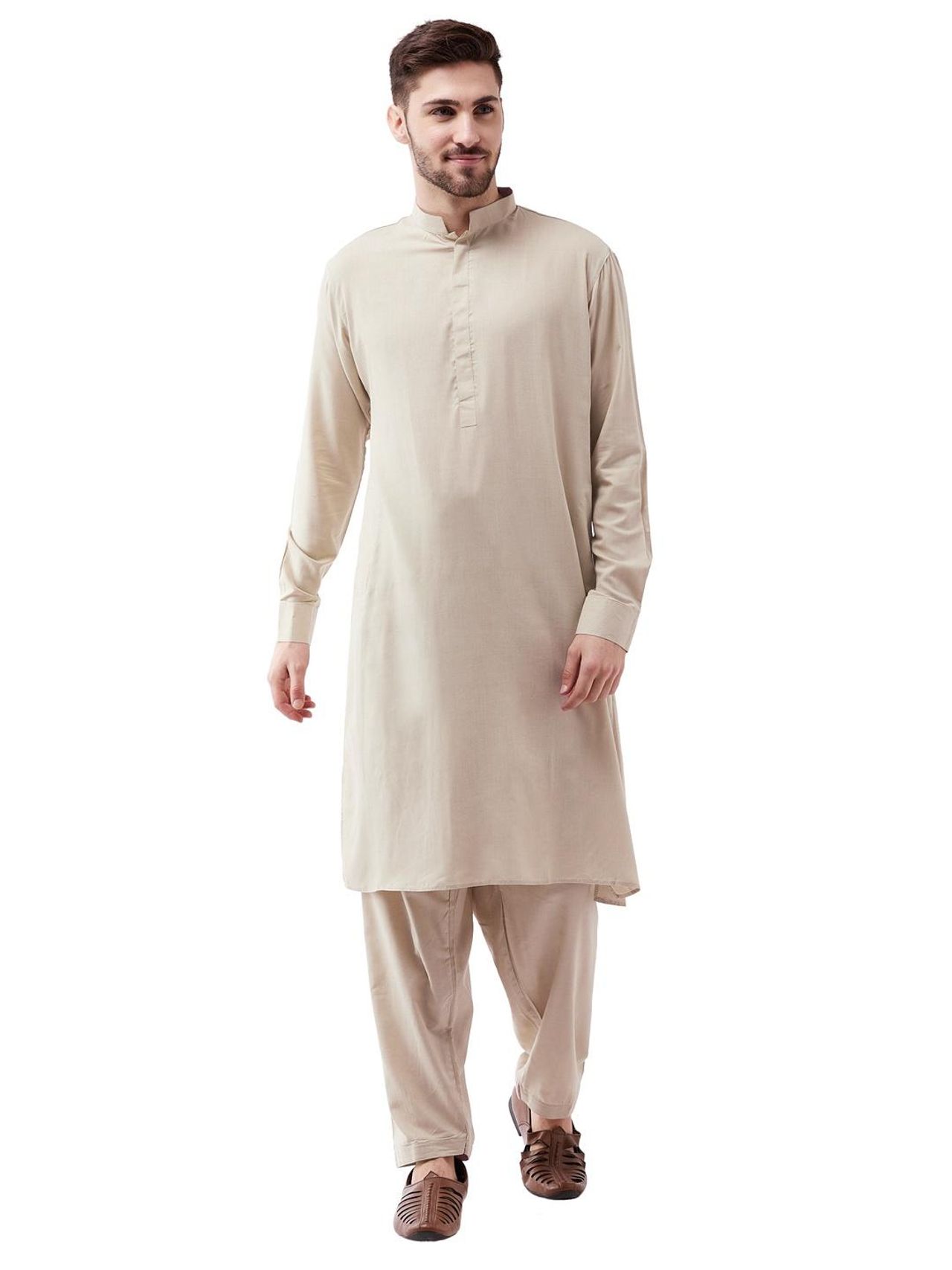 Vastramay Men's Cotton Blend Kurta and Patiala Set | Beige - S