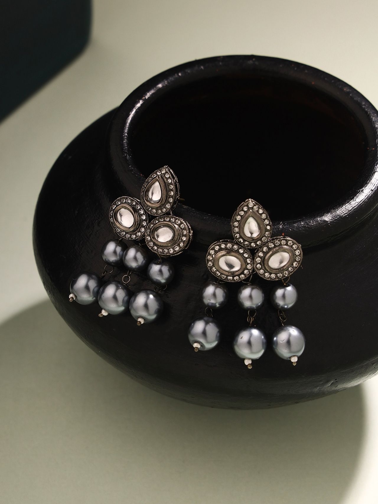 Priyaasi Elegance In Ebony Black Plated Kundan And Pearl Earrings