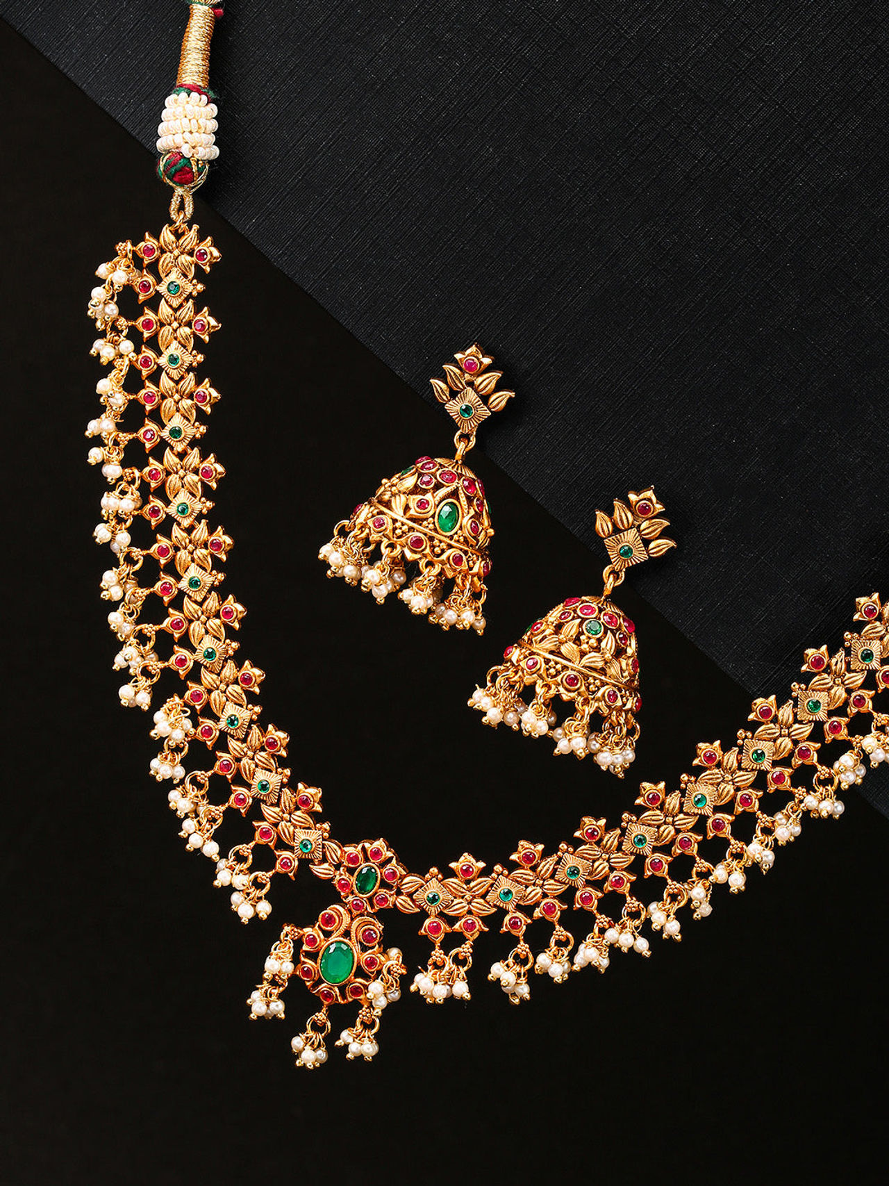 Priyaasi Pushp Bela - Kemp Stones Pearls Gold Plated Jewellery Set Of 3