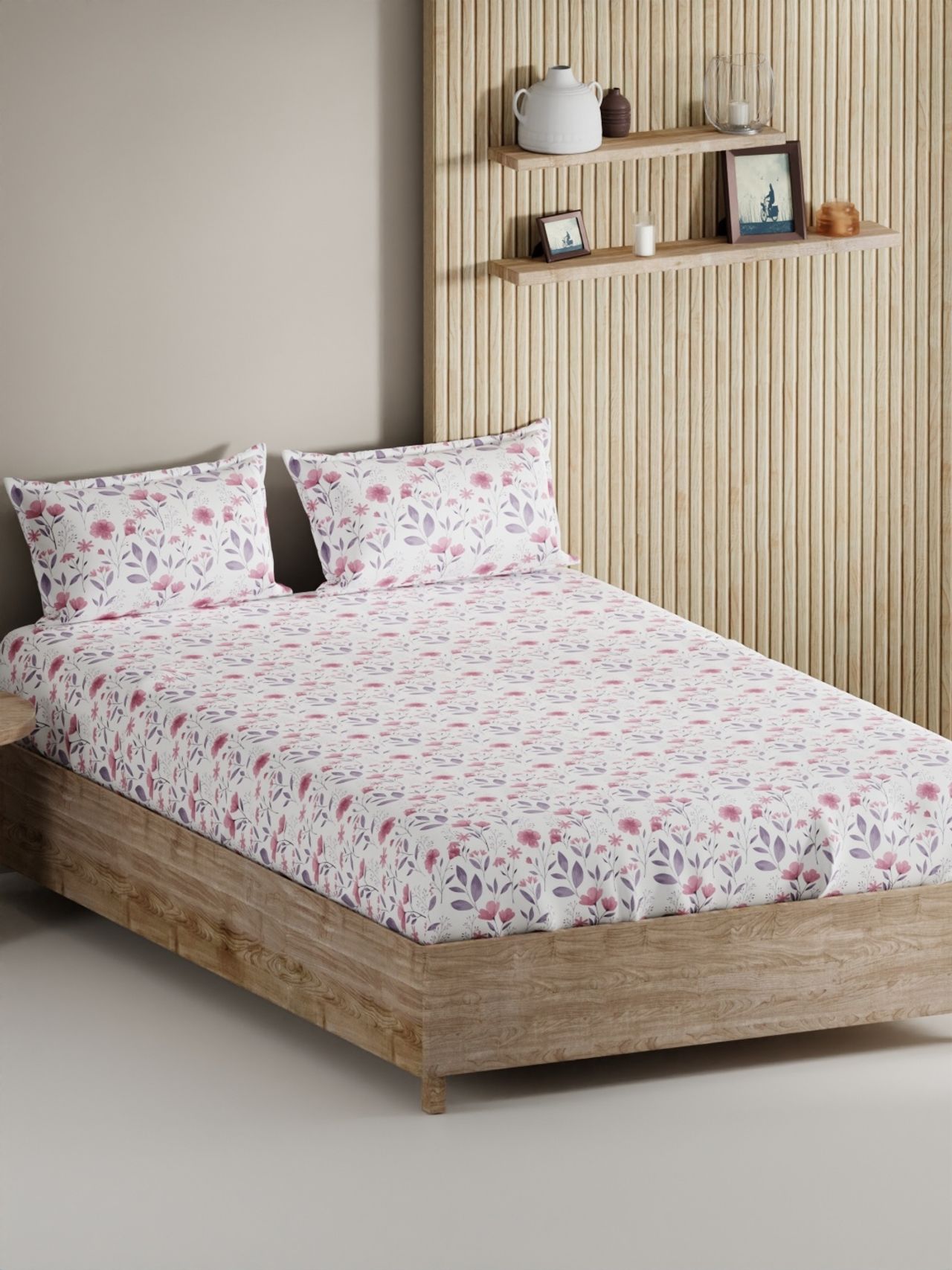 Bianca Soft 100% Natural Cotton Double Bedsheet With 2 Pillow Covers - 3Pc Set Floral-Pink/Violet