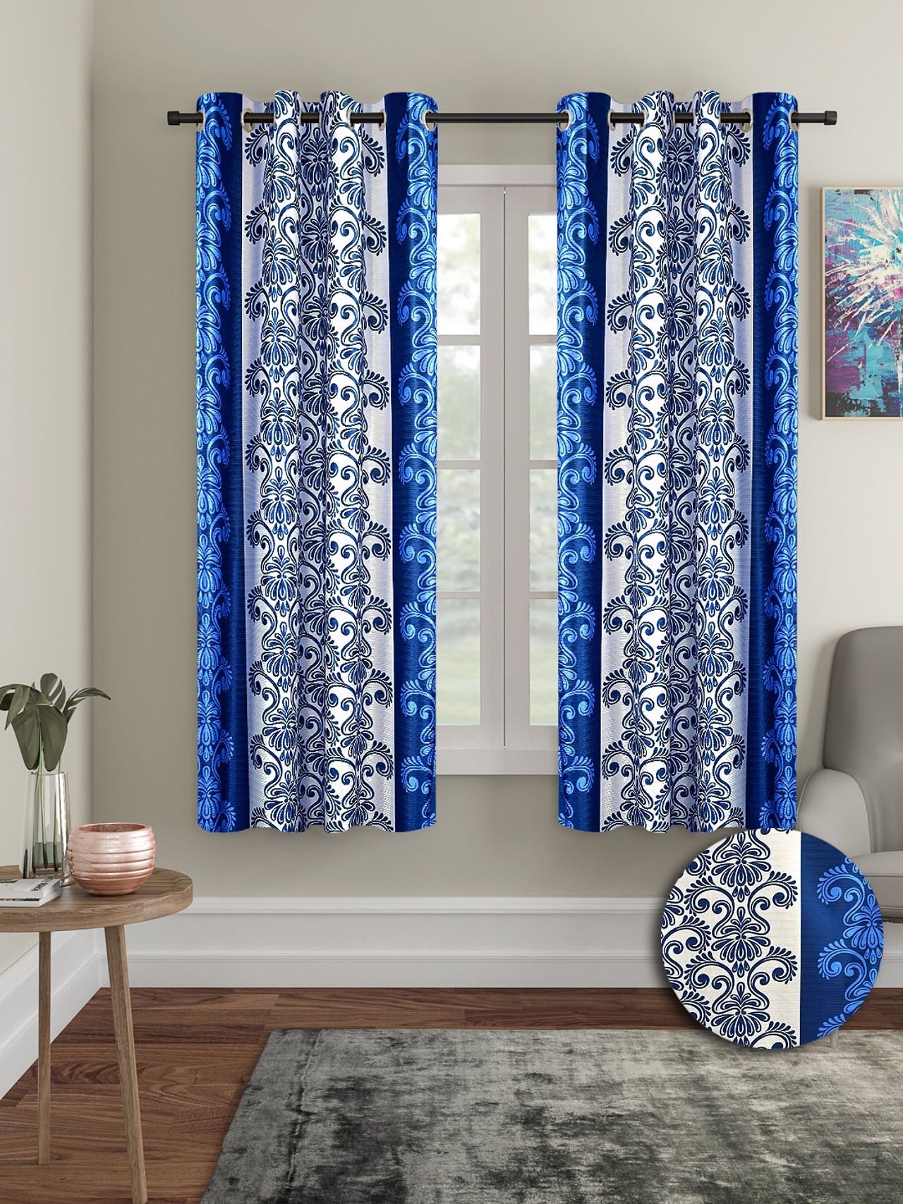 Cortina Polyster Printed Door Curtain 7Ft - Blue 2 pcs