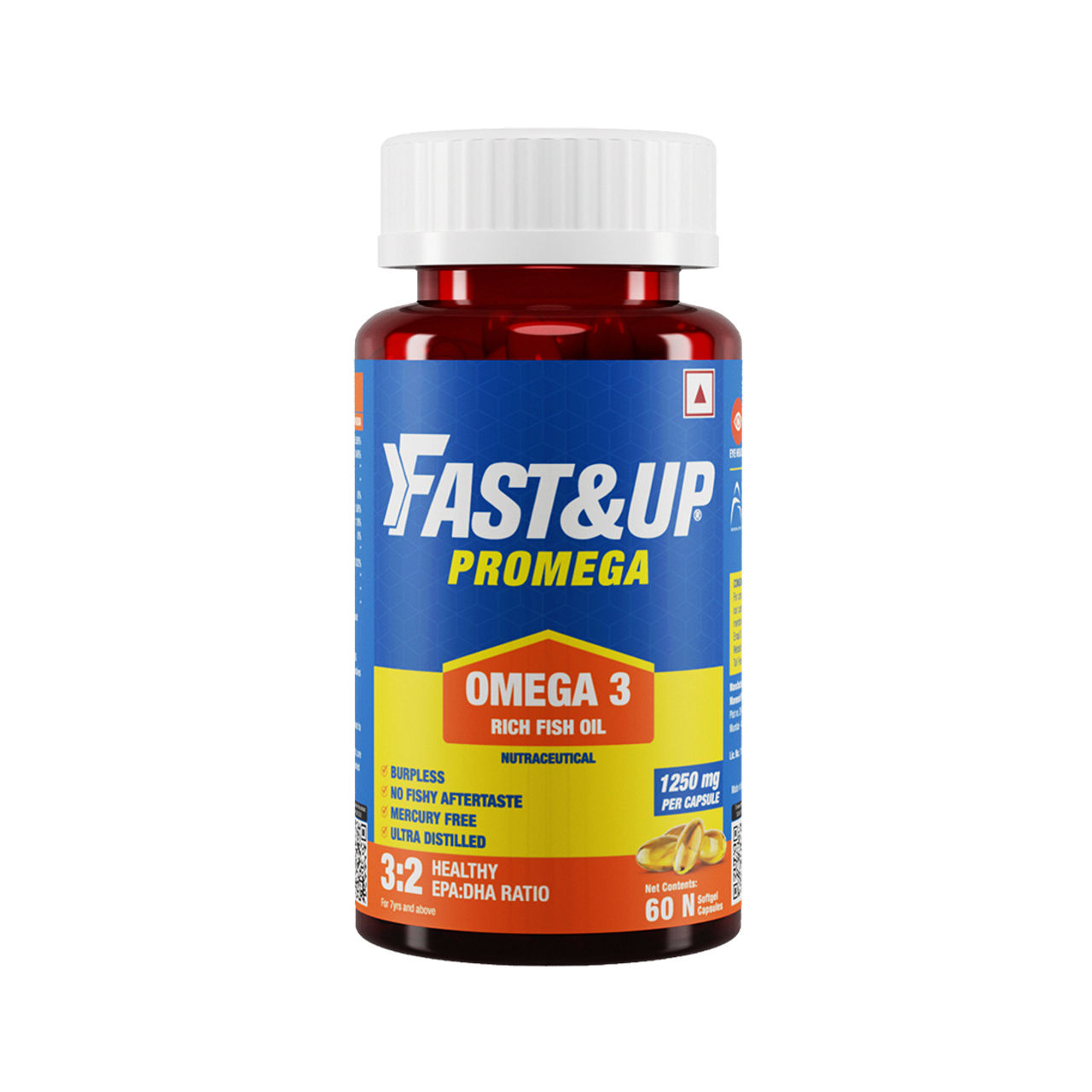Fast&Up 1250 mg Omega 3 Fish Oil Capsules - No Fishy Burp and No Aftertaste