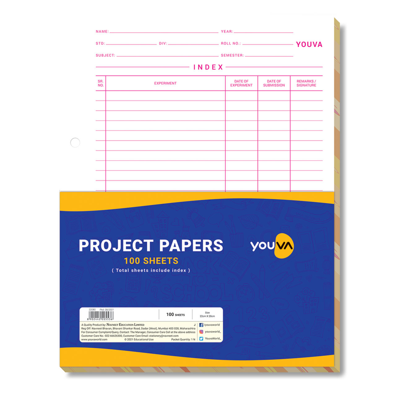 Navneet Youva | Project Paper With Designed Border | 1 Side Ruled / 1 Side Plain 