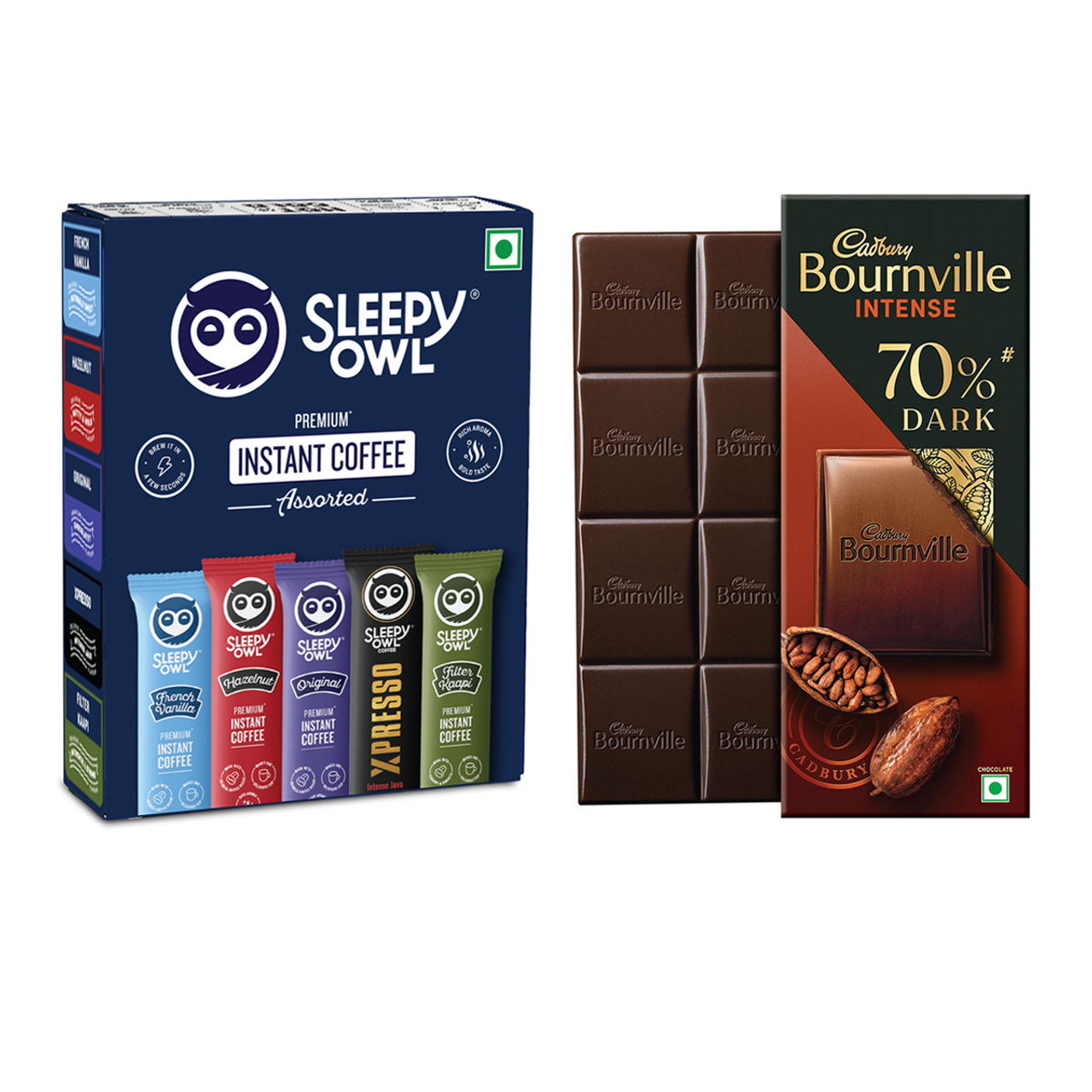 Sleepy Owl Assorted Premium Instant Coffee (10pc) & Cadbury Bournville Rich Cocoa 70% Dark Chocolate Bar (75g) Combo