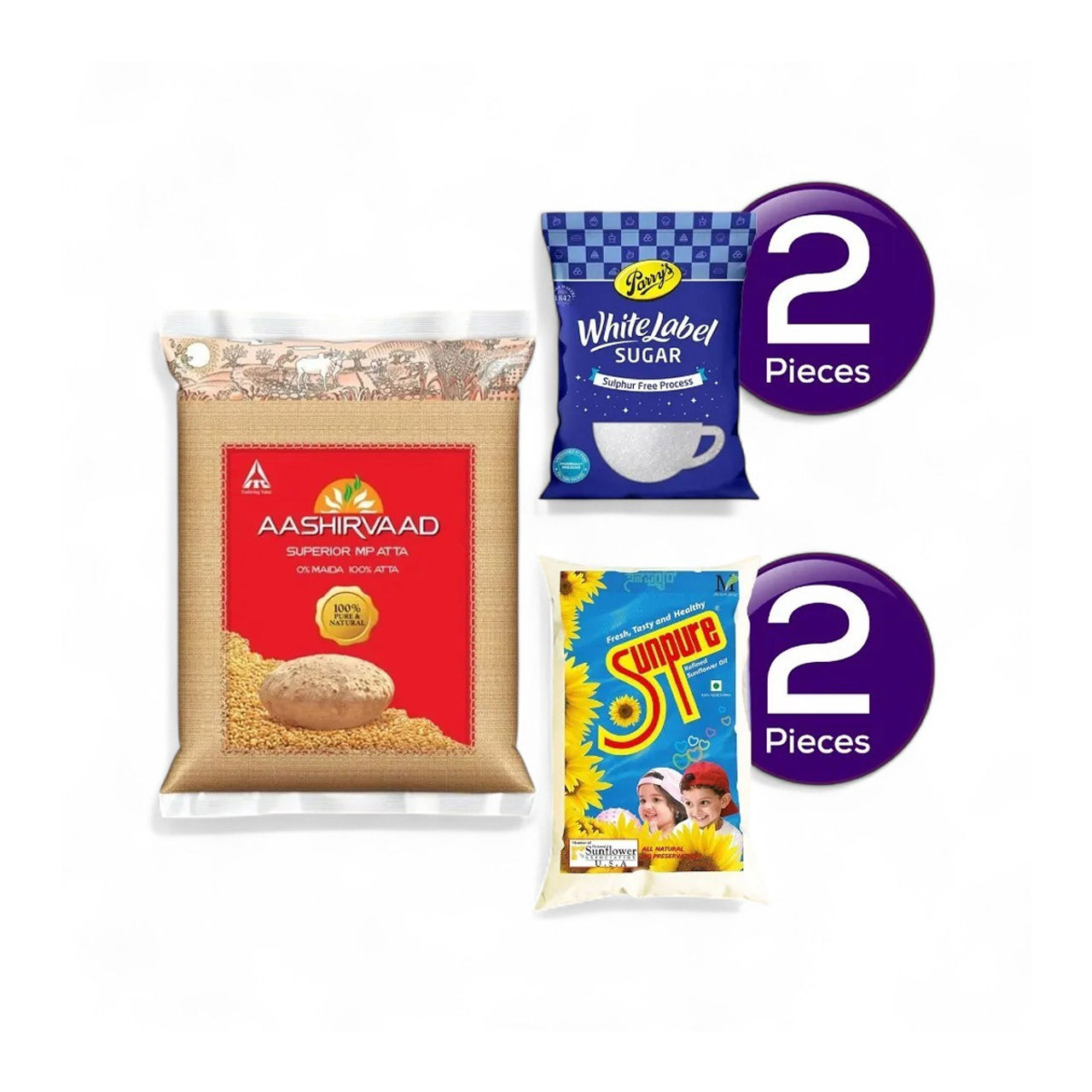 Aashirvaad Atta(10kg), Sunpure Refined Oil -Sunflower(1l) & Parrys White Label Sugar(1kg) Combo