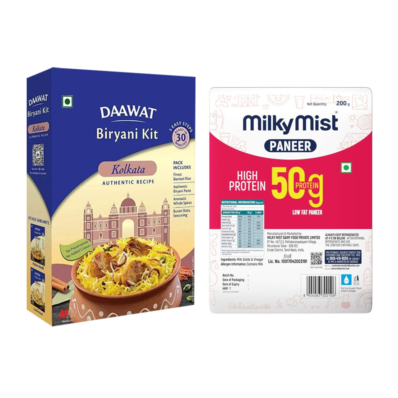 Daawat Biryani Kit Kolkata Ready To Cook (334g) & Milky Mist High Protein Paneer (200g) Combo