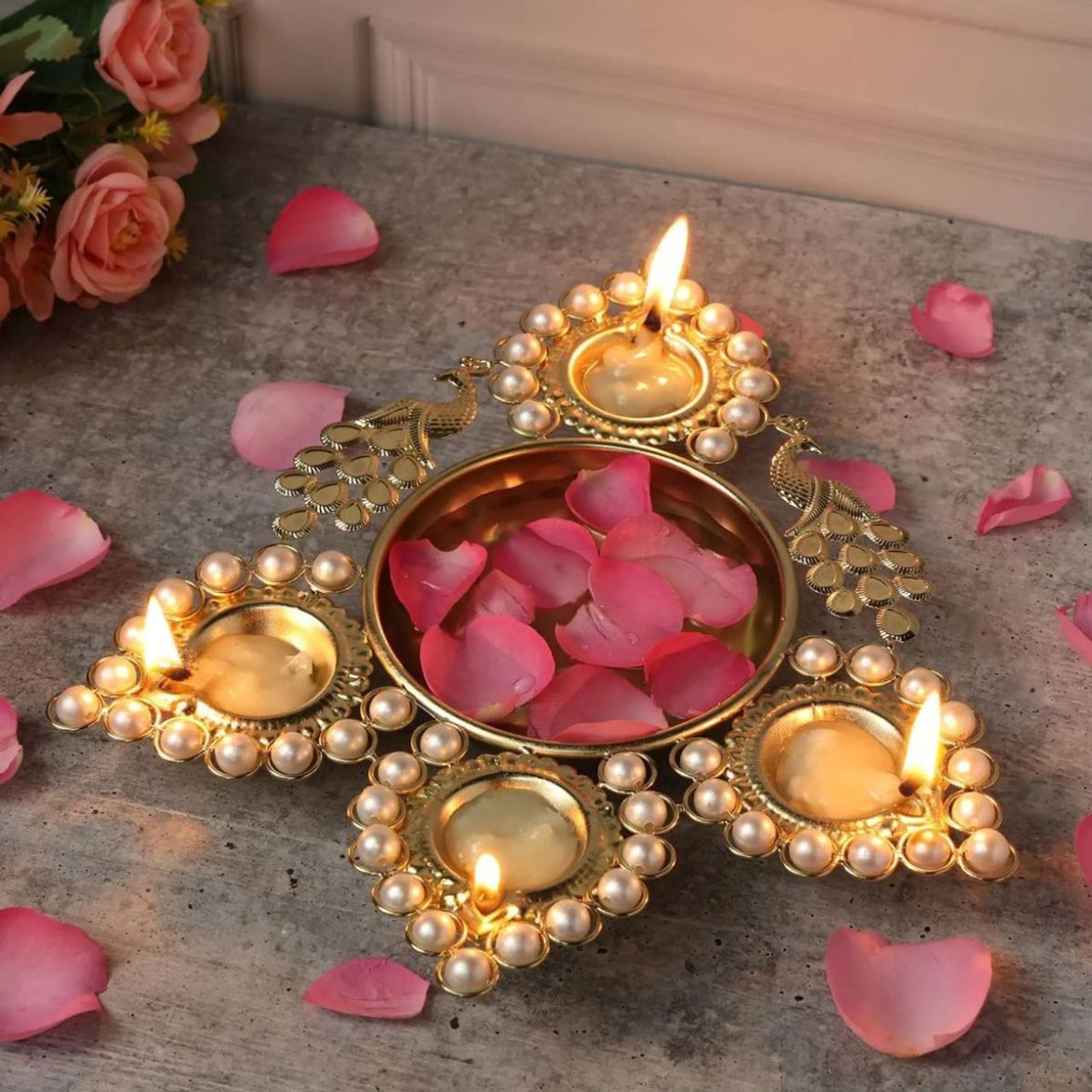 Urban Born Peacock Pearl Diya Urli bowl for Home Décor (12 inch)