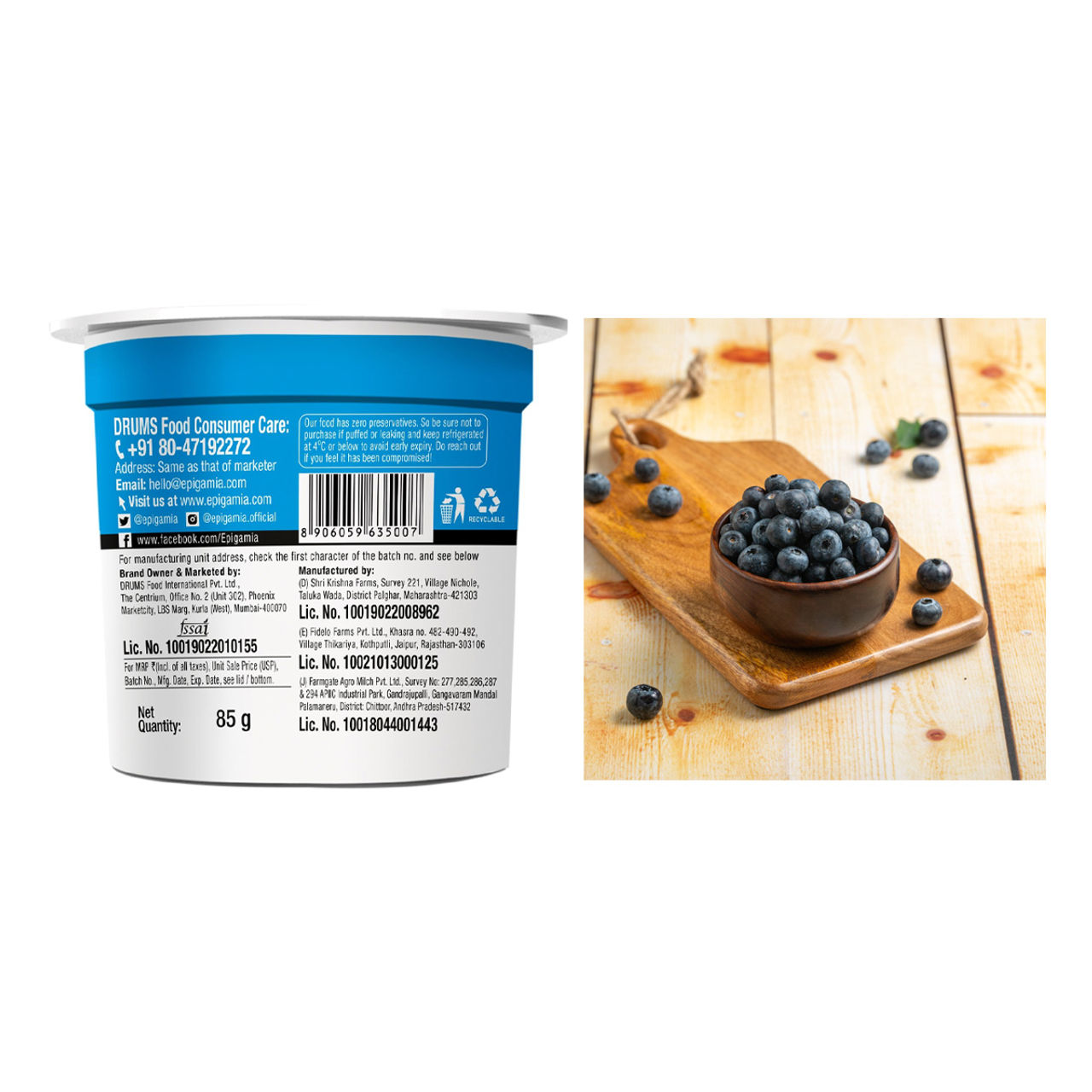 Epigamia Greek Yogurt- Natural (85g) & Blueberry (125g) Combo