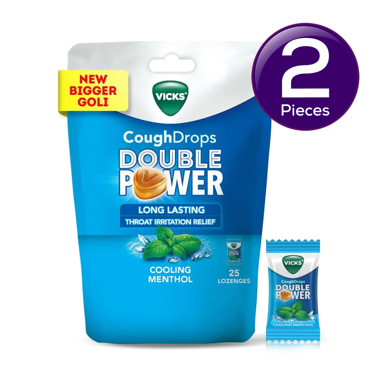 Vicks Cough Drops Double Power (Menthol). Bigger Drop With 2X Ayurvedic Mix, 25 Lozenges Combo