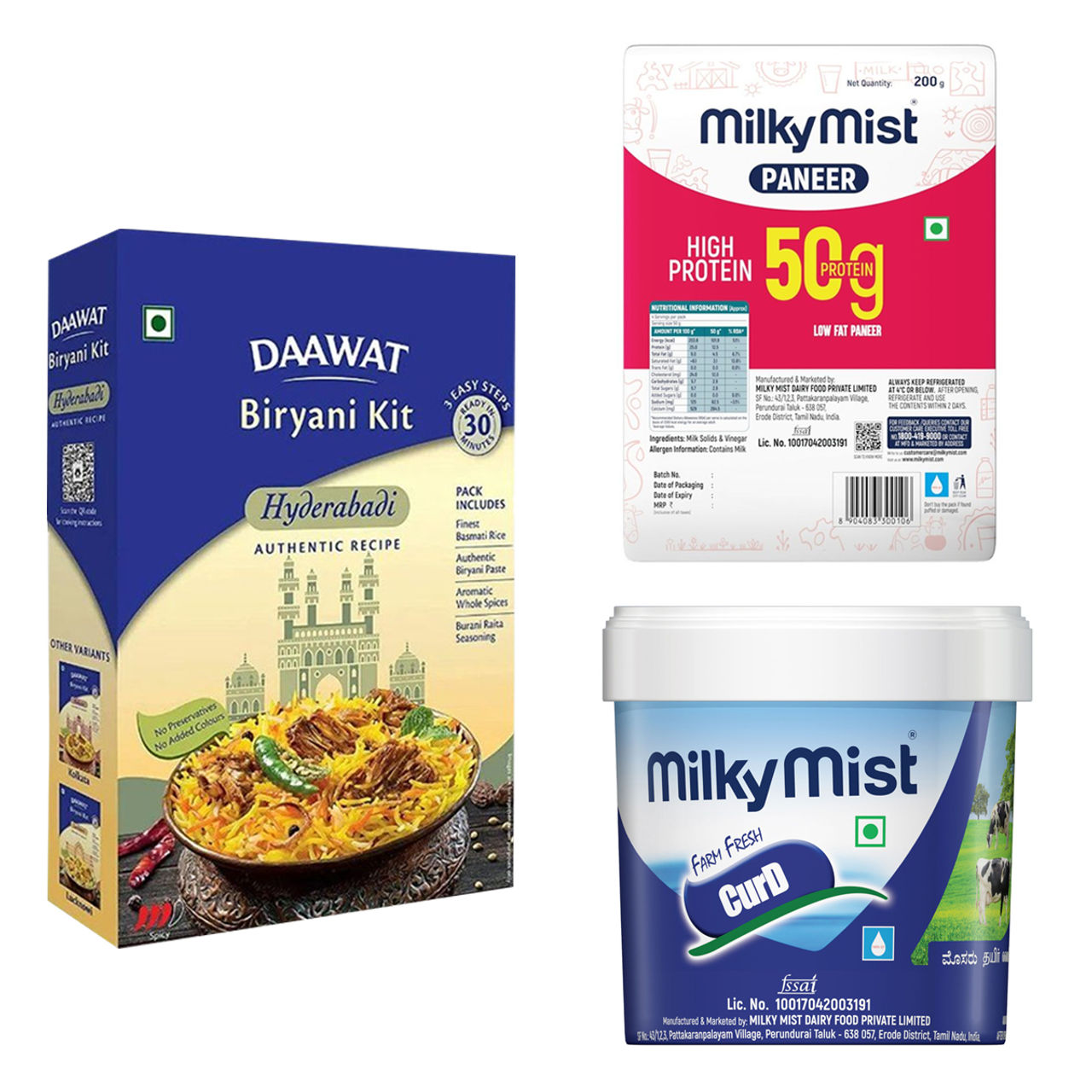 Dawaat Biryani Kit Hyderabadi Ready To Cook (334g) & Milky Mist High Protein Paneer (200g) & Milky Mist Set Curd Tub (1l) Combo