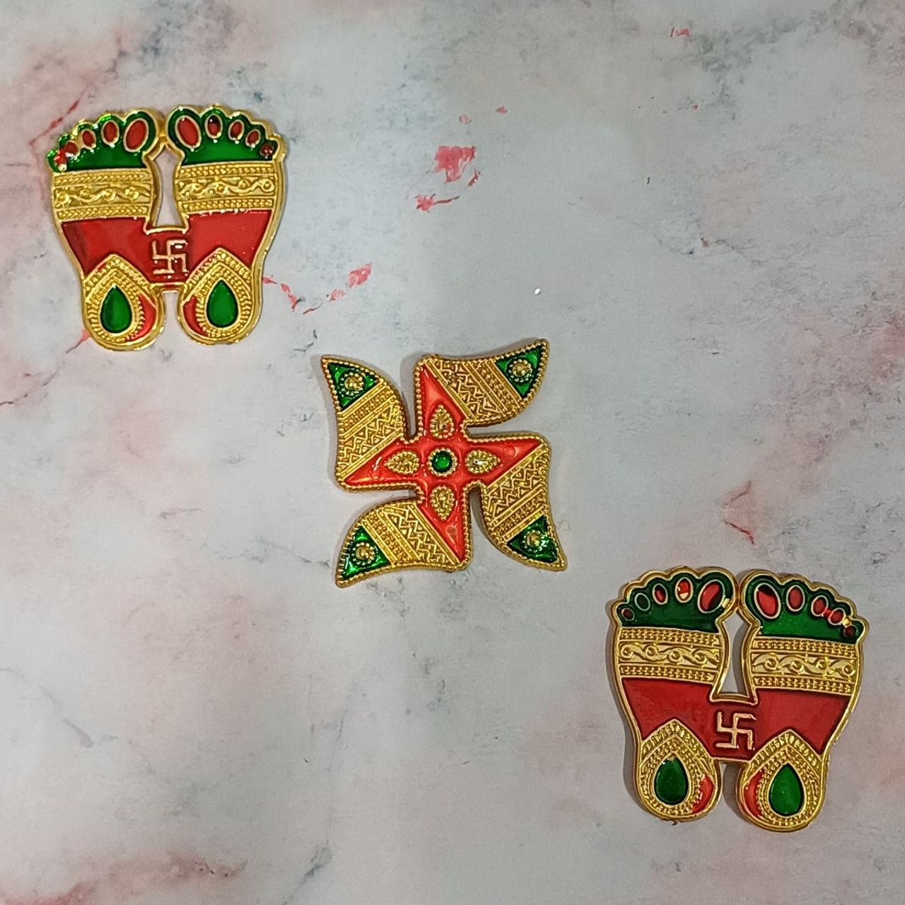 Gullak Auspicious Symbols Multicolour Plastic Stickers Pair Of Charan And Swastik