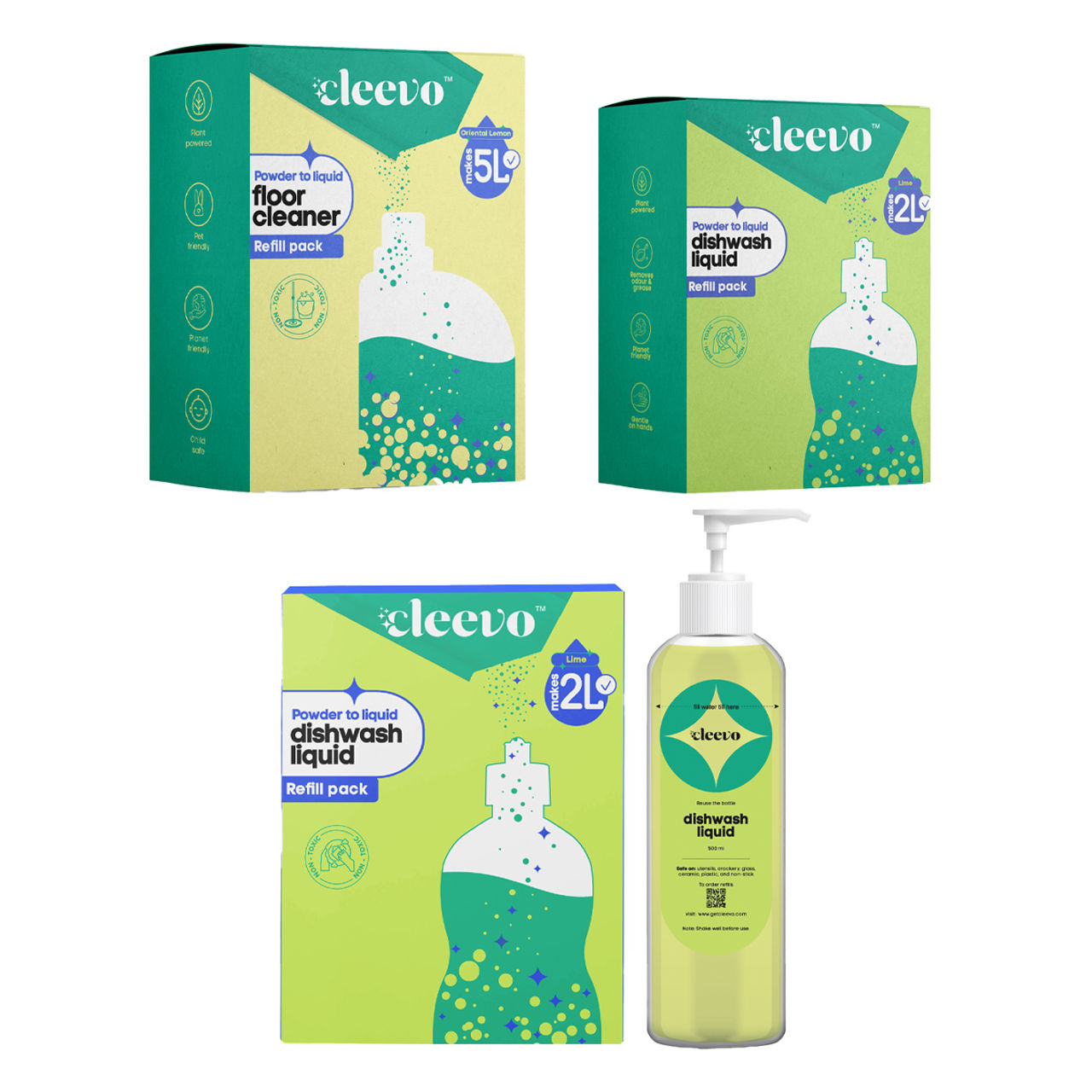 Cleevo Natural Kitchen Cleaner Spray Refill Pack Cleans Stove Chimney Tile Powder To Liquid (1l) & Cleevo Natural Dishwash Liquid Pack Non-Toxic Eco-Friendly Powder To Liquid Lime (2l) & Cleevo Natural Floor Cleaner Refill Pack Non-Toxic Eco-Friendly Powder To Liquid Lemon (5l) Combo