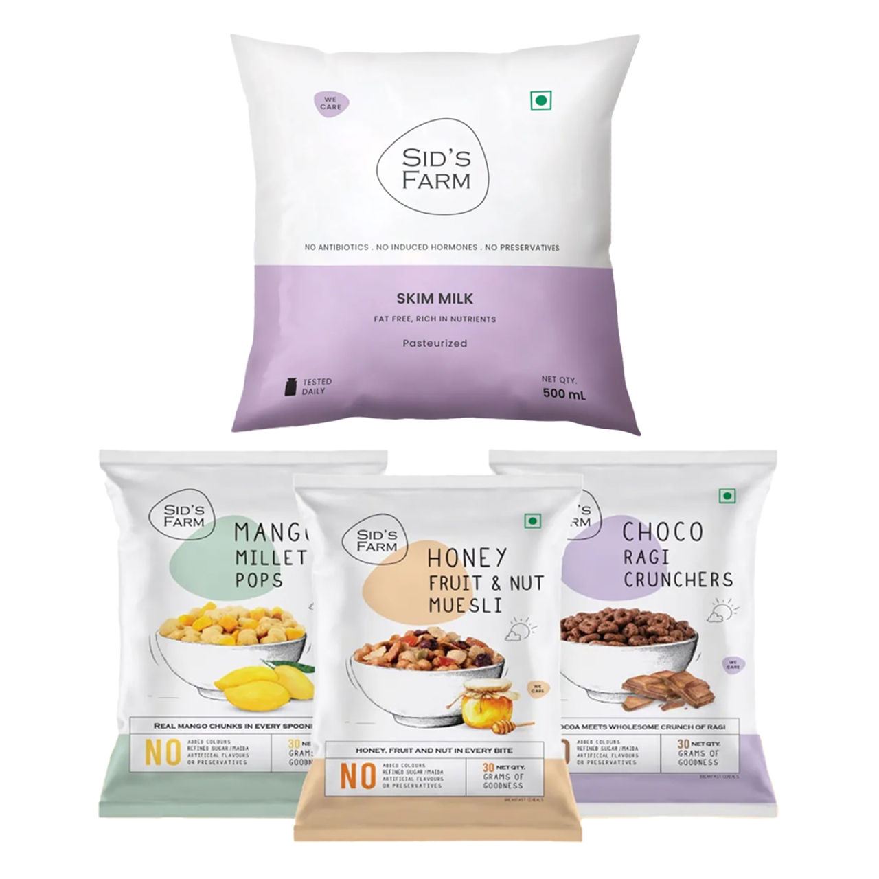 Sid'S Farm Mango Millet Pops | Choco Ragi Crunchers | Honey Fruit - Nut Muesli | Assorted (90g) & Sids Farm Skim Milk (500ml) Combo