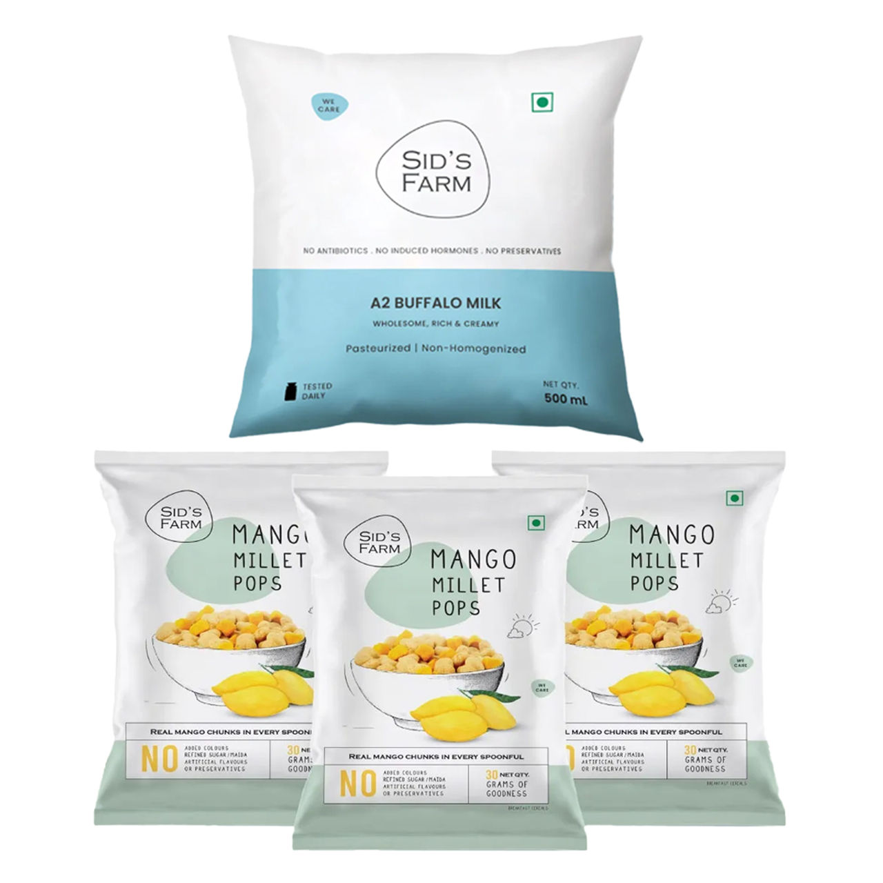 Sid'S Farm Mango Millet Pops (90g) & Sid'S Farm A2 Buffalo Fresh Milk (Pouch) (500ml) Combo