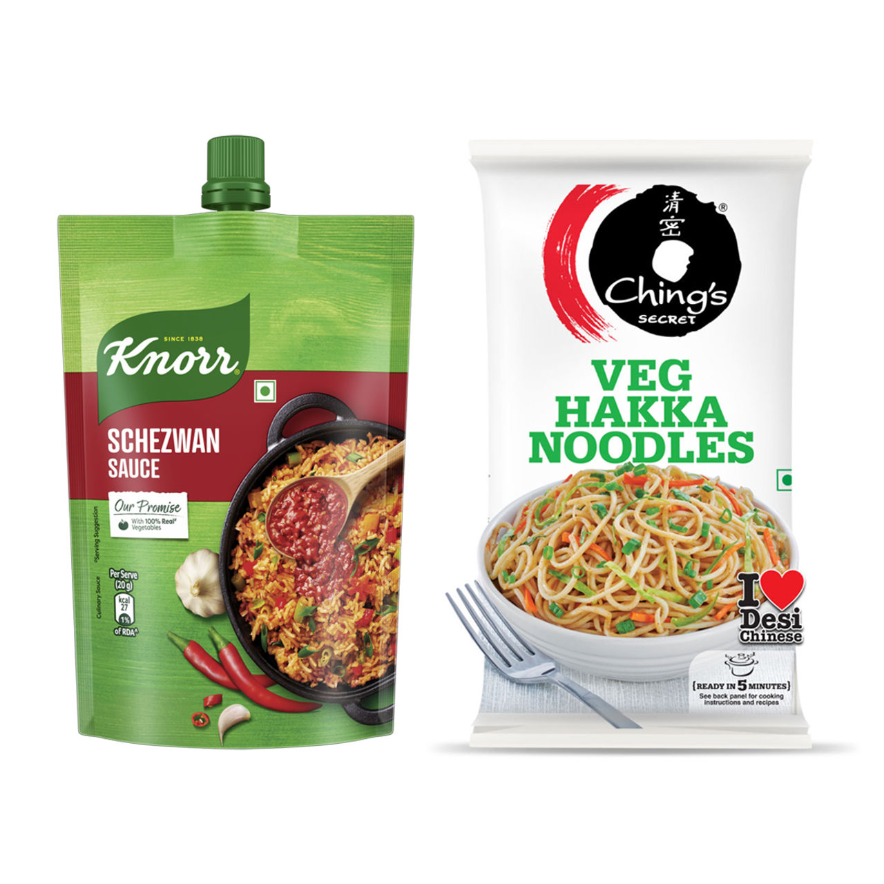 Knorr Schezwan Sauce (200g) & Ching'S Secret Veg Hakka Noodles, Cooks In 5-7 Mins, Just Soak & Drain (560g) Combo