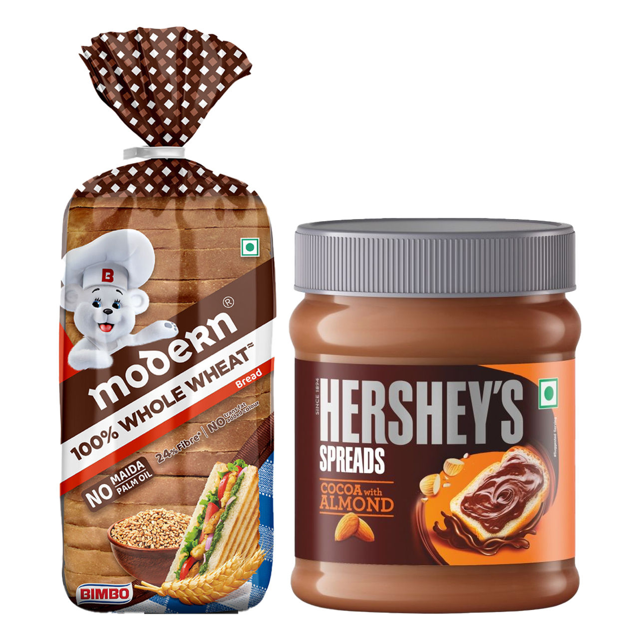 Hershey'S Cocoa + Almond Spread (350g) & Modern 100% Whole Wheat Bread (Zero Maida, No Trans Fat) (400g) Combo