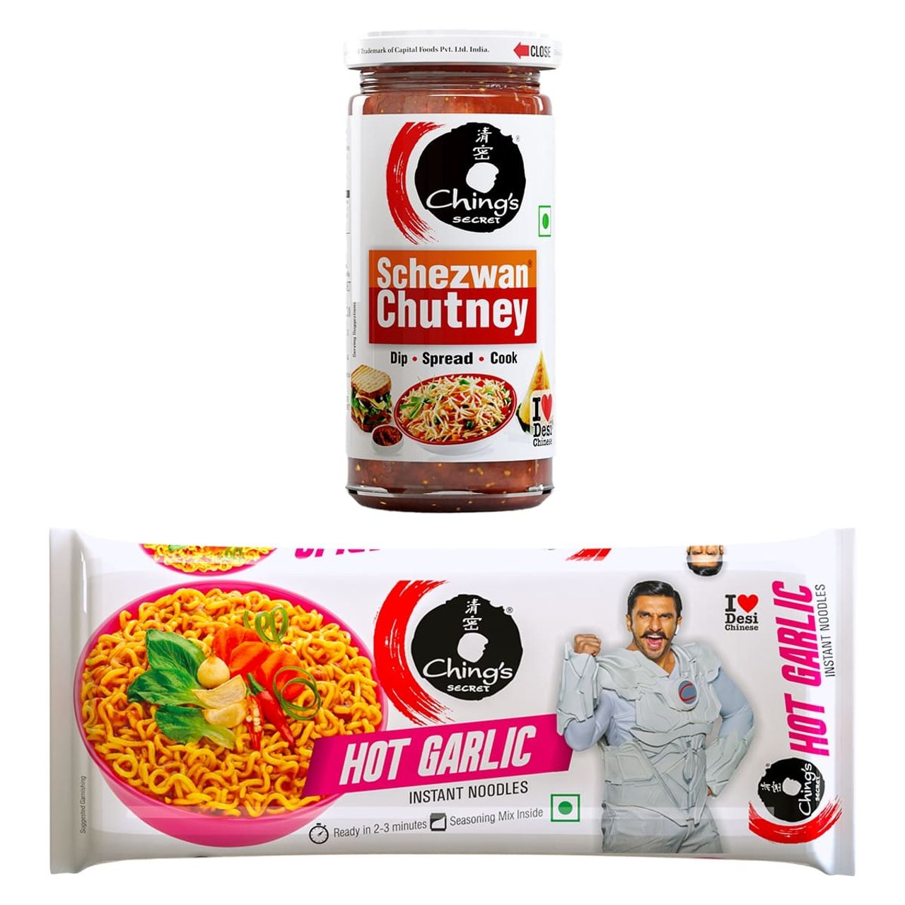Ching's Secret Schezwan Chutney (250 g) & Ching's Secret Hot Garlic Instant Noodles (240 g) Combo