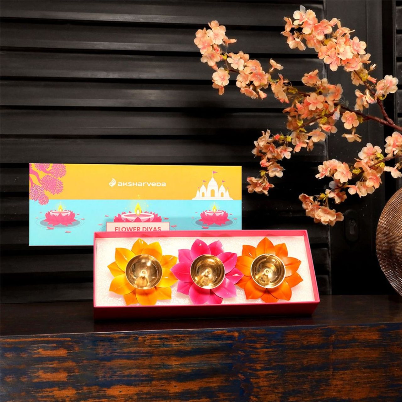Aksharveda Metallic Flower Diyas