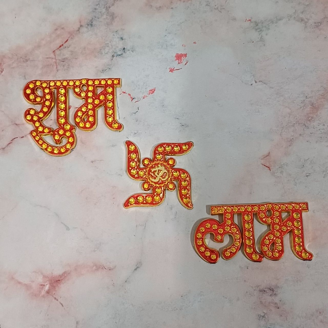 Gullak Auspicious Symbols Red And Golden Plastic Stickers Shubh Labh And Swastik
