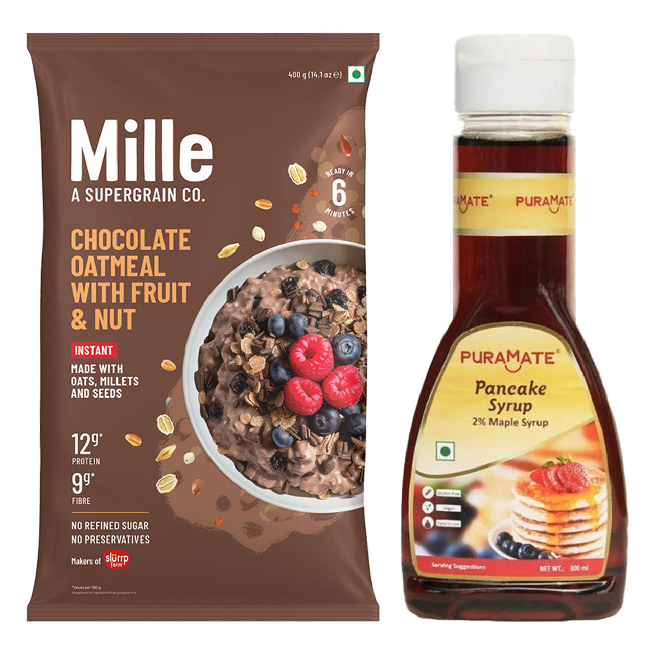 Mille Instant Chocolate Oats With Millets | Almonds And Flax Seeds (400g) & Puramate Pancake Syrup (300ml) Combo
