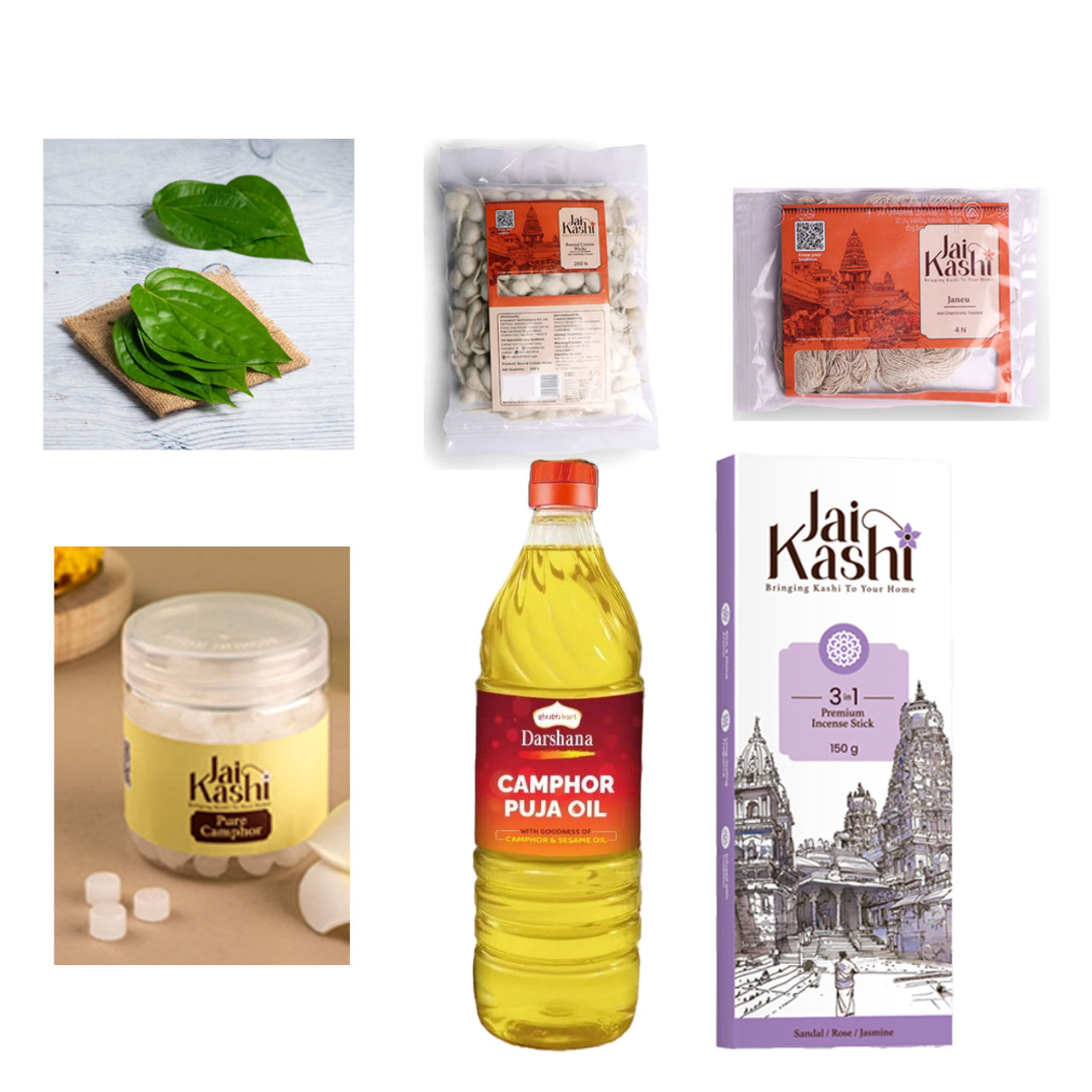 Betel Leaves (Paan) (10pc) & Jai Kashi 3 In 1 Premium Incense Stick (150g) & Jai Kashi Pancha Deepam Pooja Oil (1l) & Jai Kashi Pure Camphor (50g) & Jai Kashi Janeu (4pc) & Jai Kashi Round/ Flower Cotton Wicks (200pc) Combo