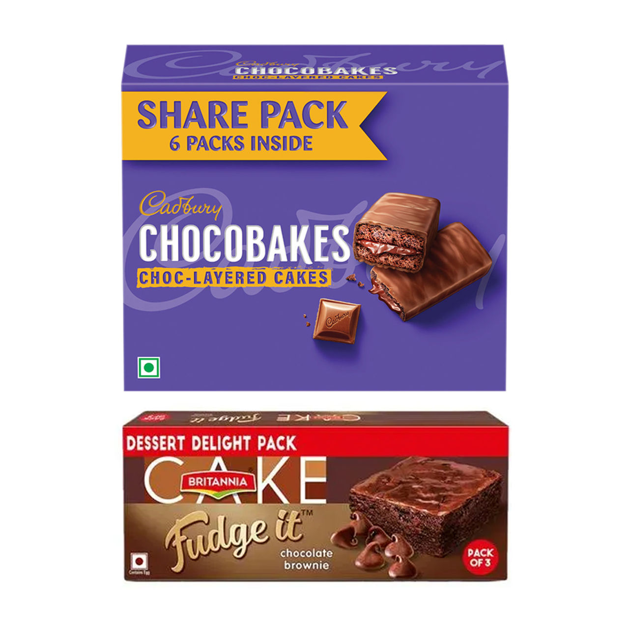 Cadbury Chocobakes Choclayered Cakes (114g) & Britannia Fudge It Chocolate Brownie (With Egg) (120g) Combo