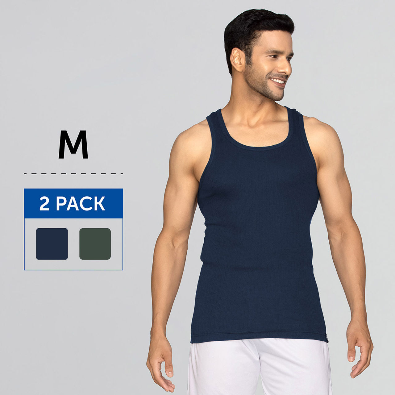 XYXX Nova Solid Super Combed Cotton Round Neck Vest | Pack of 2 | Black Iris + Olive- M