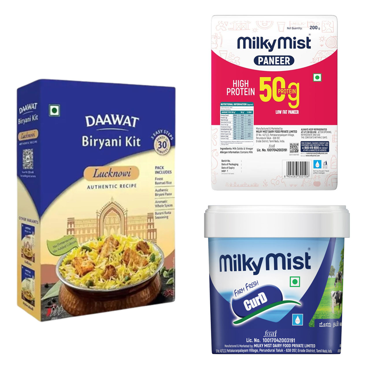 Dawaat Biryani Kit Lucknowi Ready To Cook (334g) & Milky Mist High Protein Paneer (200g) & Milky Mist Set Curd Tub (1l) Combo