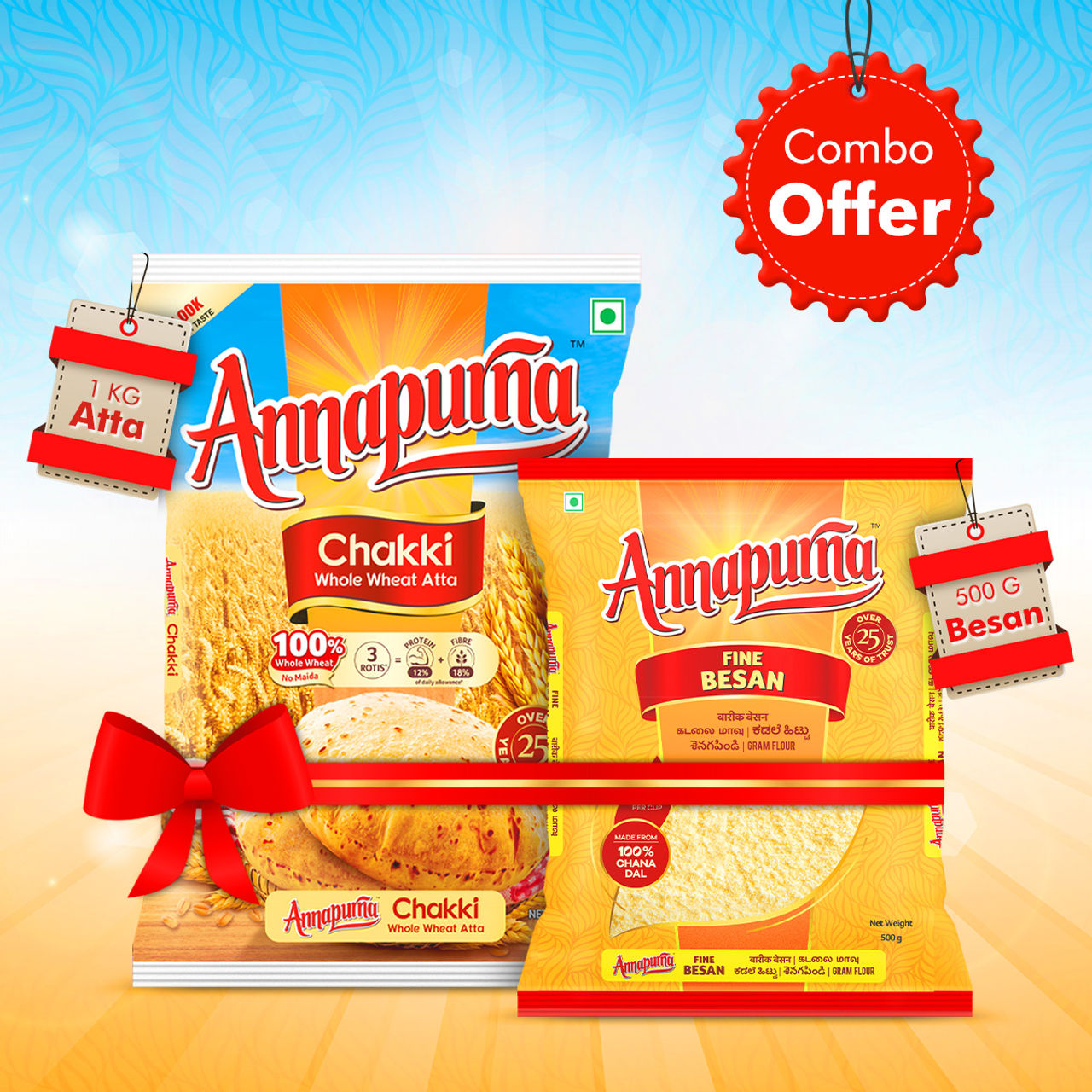 Annapurna Chakki Whole Wheat Atta(1kg) & Annapurna Fine Besan(500gms) Combo  