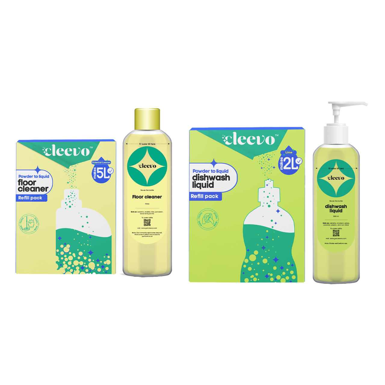 Cleevo Natural Dishwash Liquid Pack Non-Toxic Eco-Friendly Powder To Liquid Lime (2l) & Cleevo Natural Floor Cleaner Bottle Pack Non-Toxic Eco-Friendly Powder To Liquid Lemon (5l) Combo