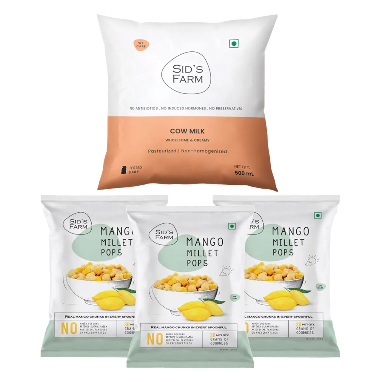 Sid'S Farm Mango Millet Pops (90g) & Sid'S Farm Cow Fresh Milk (500ml) Combo