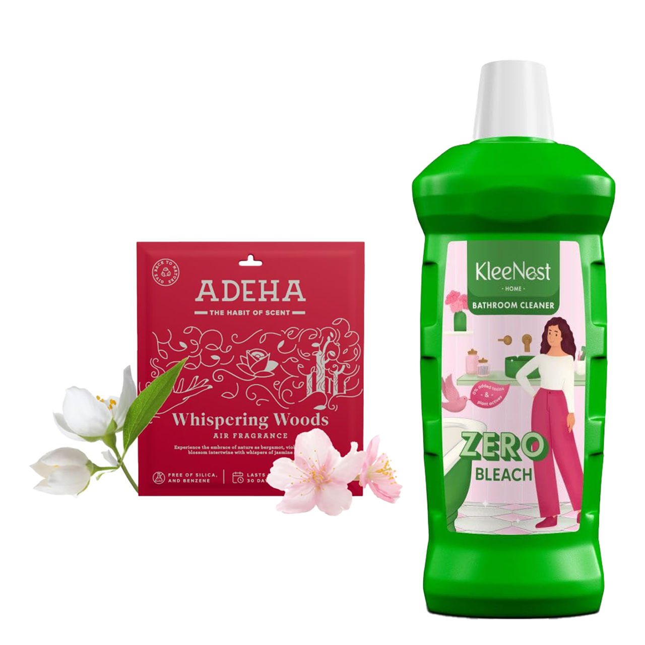 Kleenest Advanced Bathroom Cleaner Liquid, Rose (1l) & Adeha Air Freshener Whispering Woods Pouch (20g) Combo