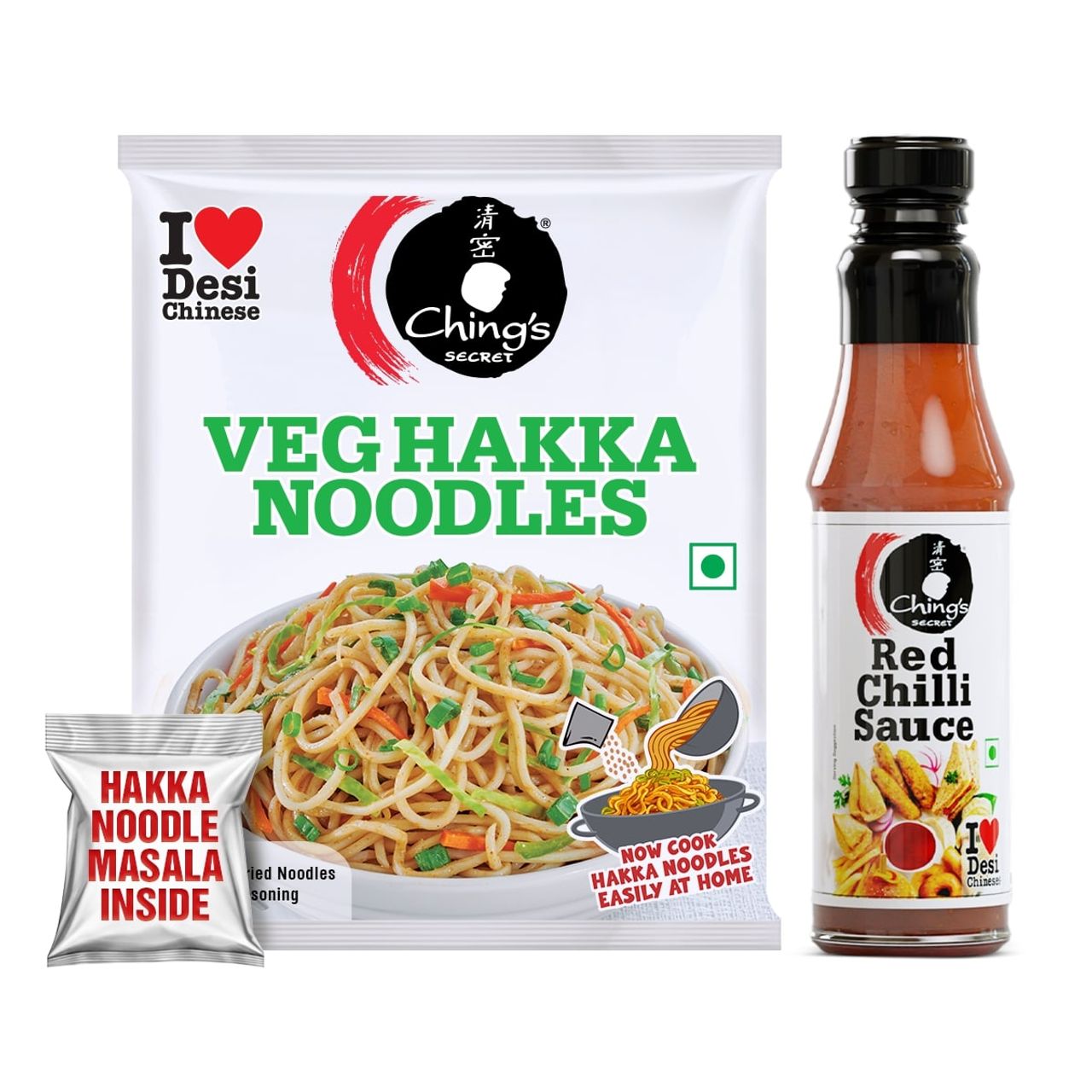 Ching's Secret Hakka Noodles with Masala (140 g) & Ching's Secret Red Chilli Sauce (200 g) Combo