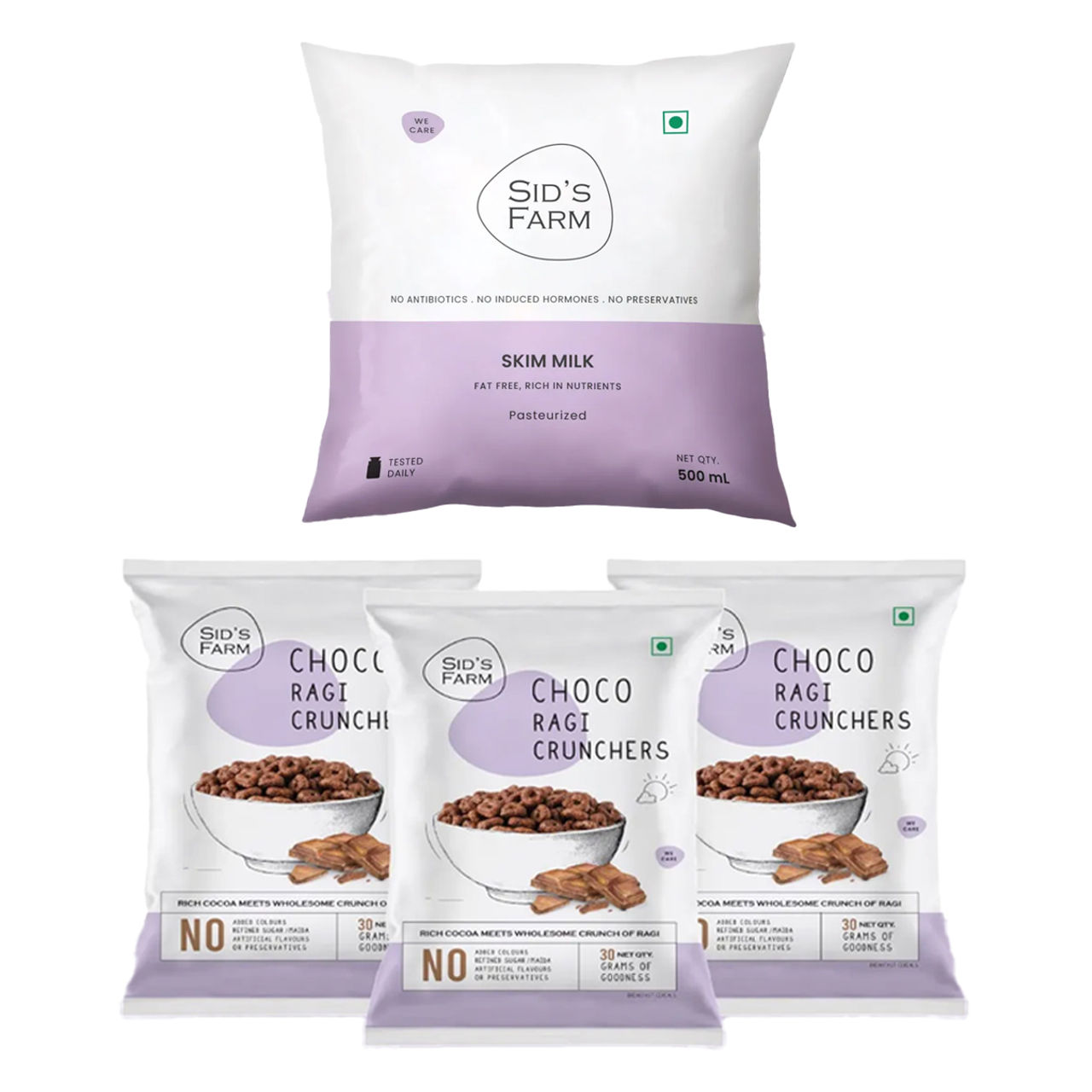 Sid'S Farm Choco Ragi Crunchers (90g) & Sids Farm Skim Milk (500ml) Combo