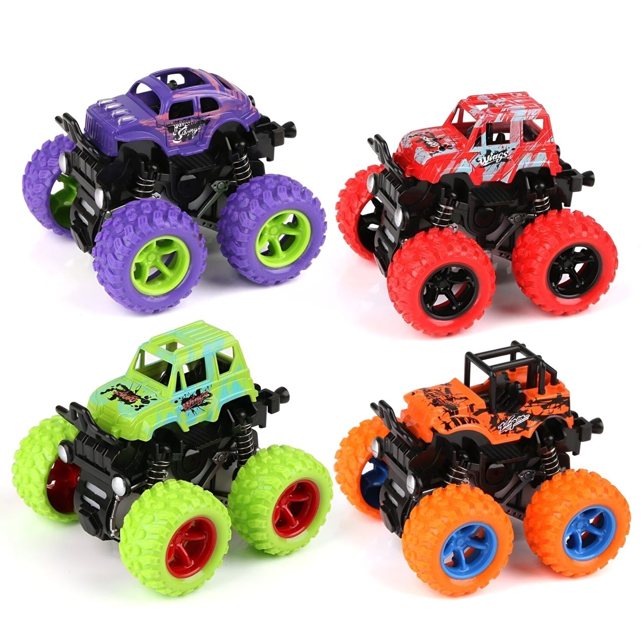 Toyshine Friction Powered Monster Truck Cars, Push and Go Vehicles, Set of 4 for Toddlers