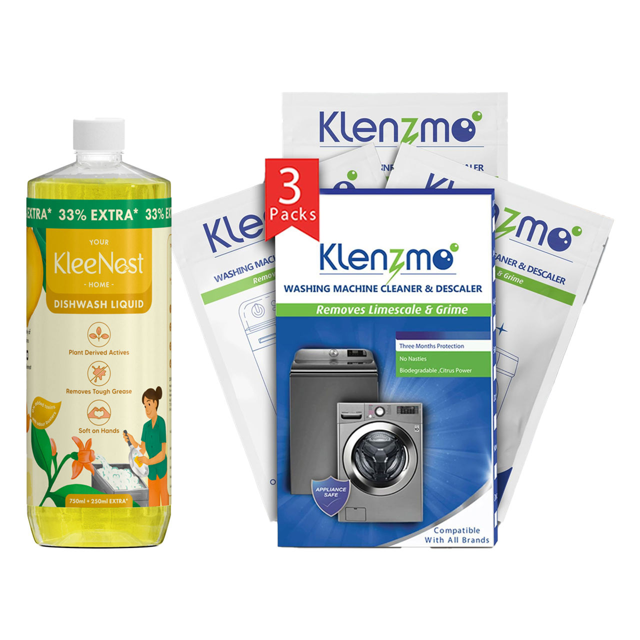 Klenzmo Washing Machine Cleaner Powder (180g) & Kleenest Natural Dishwash Liquid (33% Extra) (1l) Combo