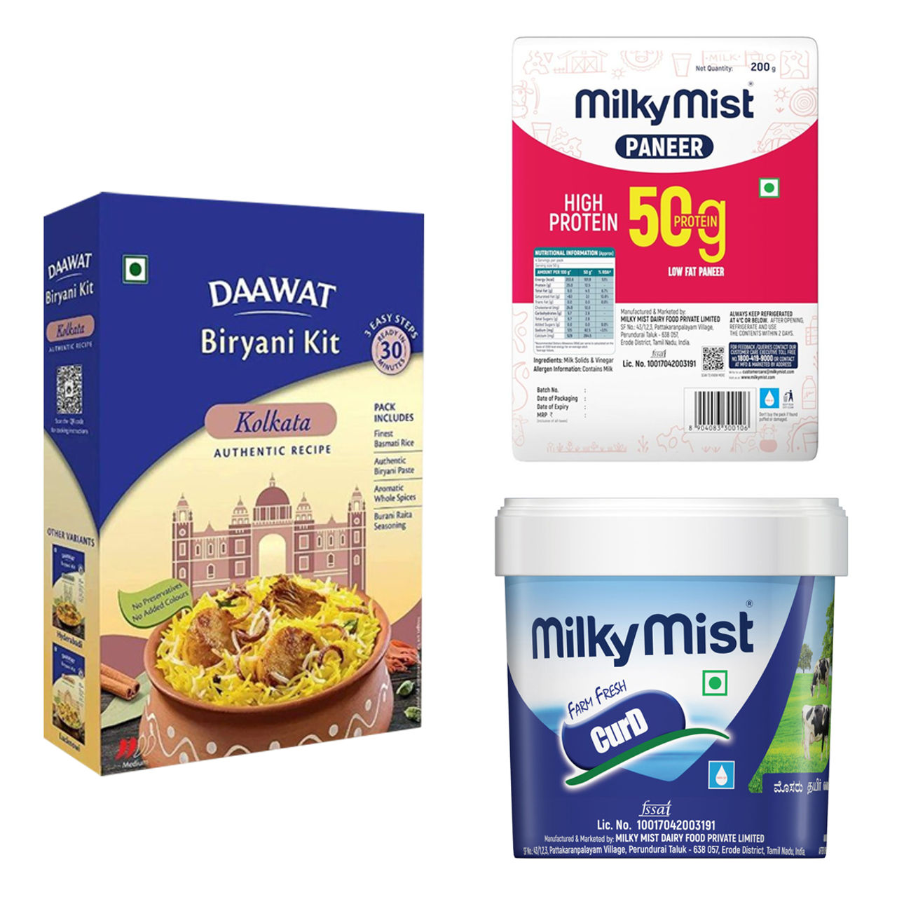 Daawat Biryani Kit Kolkata Ready To Cook (334g) & Milky Mist High Protein Paneer (200g) & Milky Mist Set Curd Tub (1l) Combo
