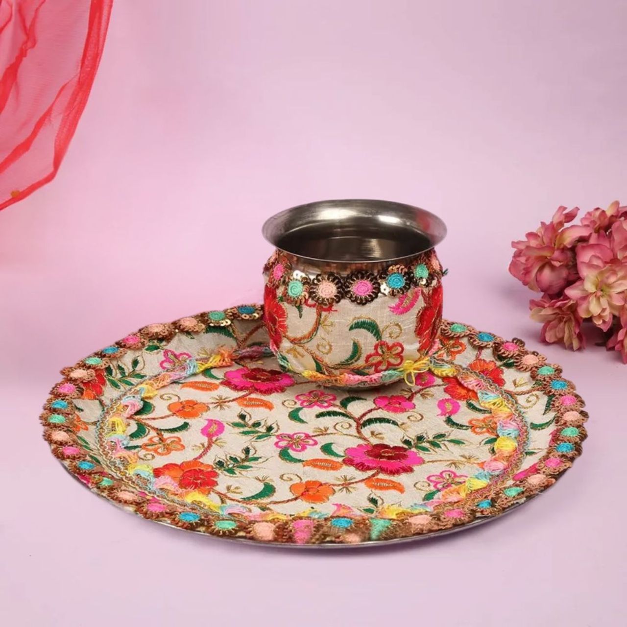 Sanskriti Flower Designed Handcrafted Pooja Thali Kalash Set