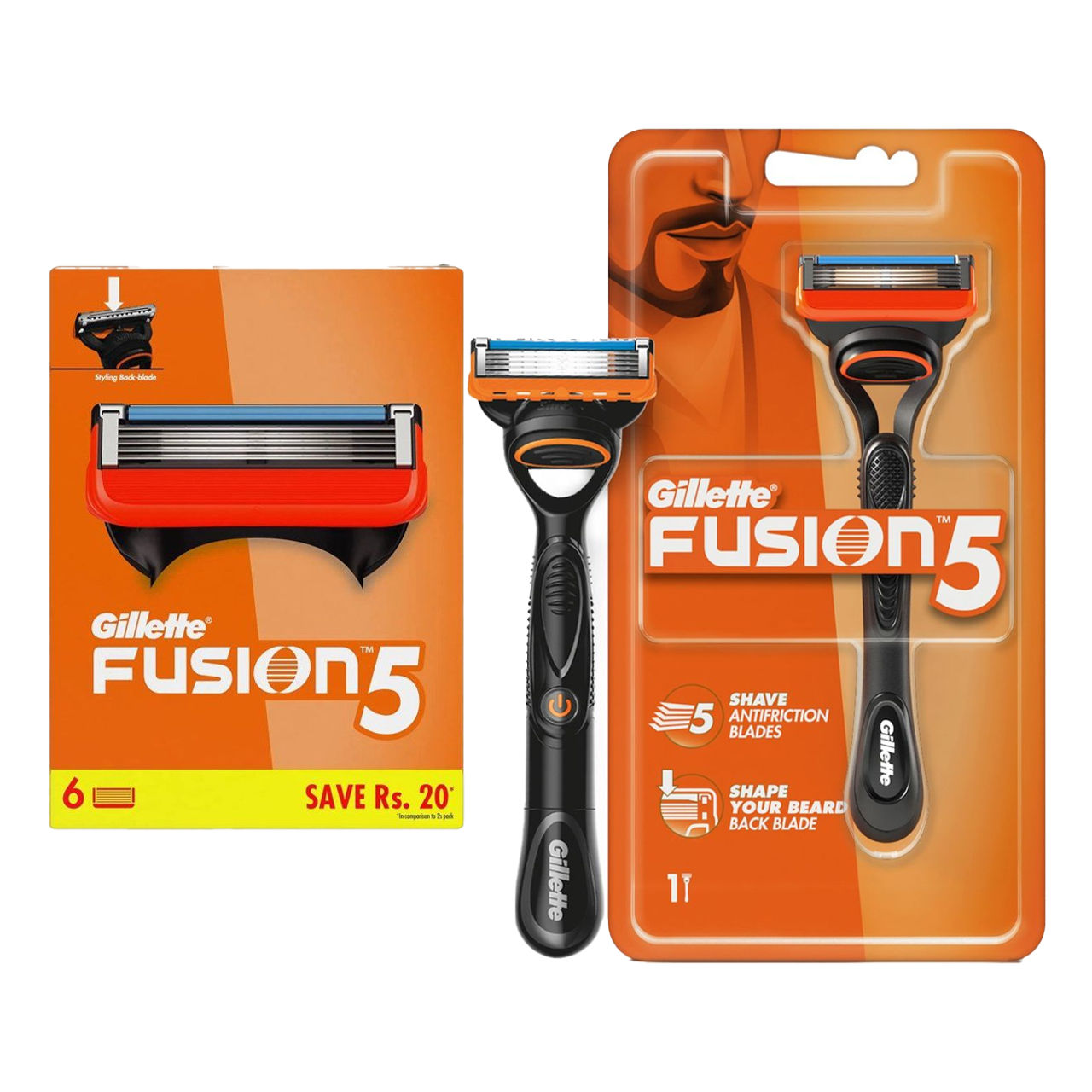 Gillette Fusion Manual Shaving Razor For Men (1pc) & Gillette Fusion Manual Shaving Razor Blades For Men (6 Cartridges) (6pc) Combo
